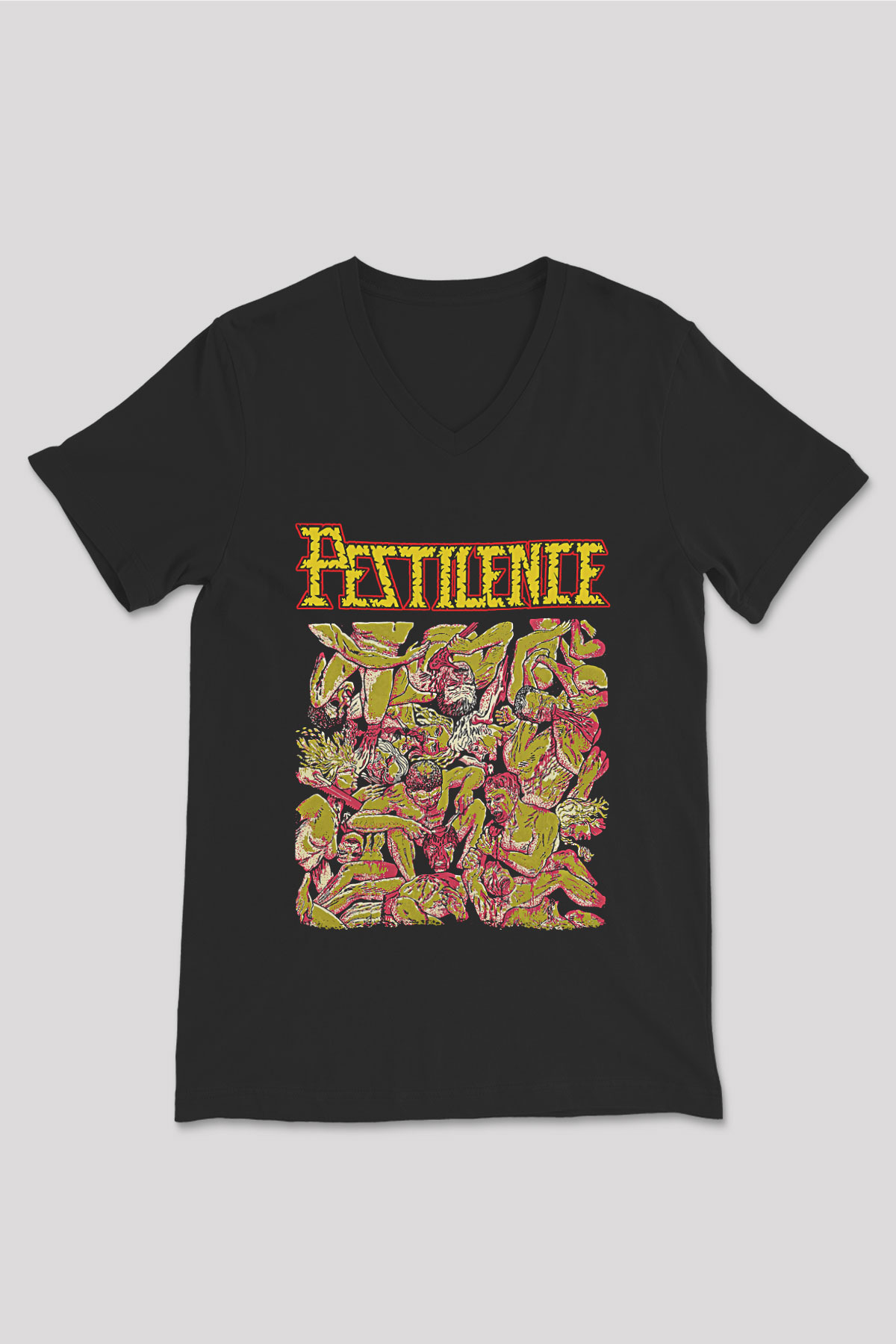 Pestilence Baskılı Unisex Siyah V Yaka Tişört - Tshirt