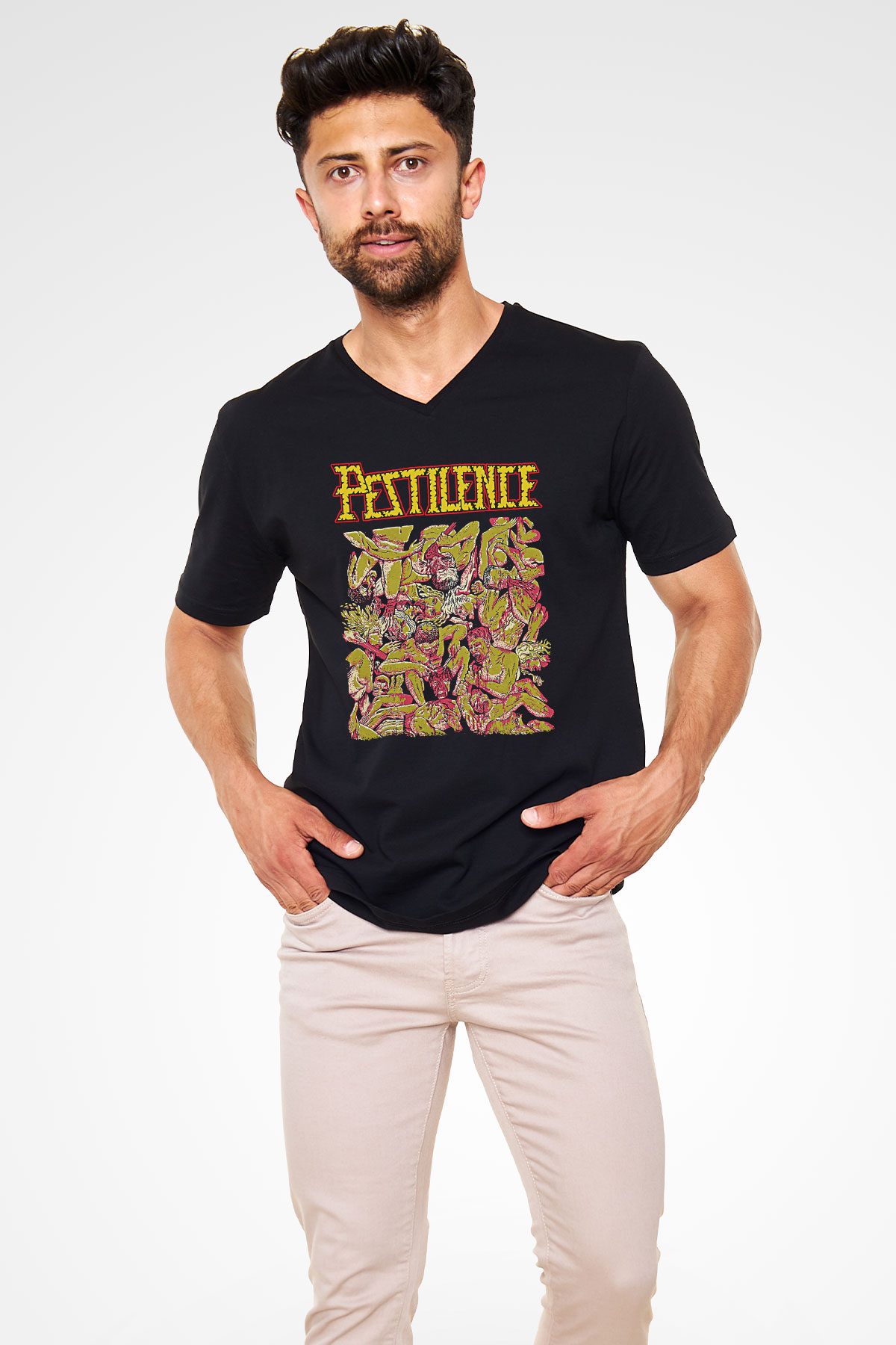 Pestilence Baskılı Unisex Siyah V Yaka Tişört - Tshirt