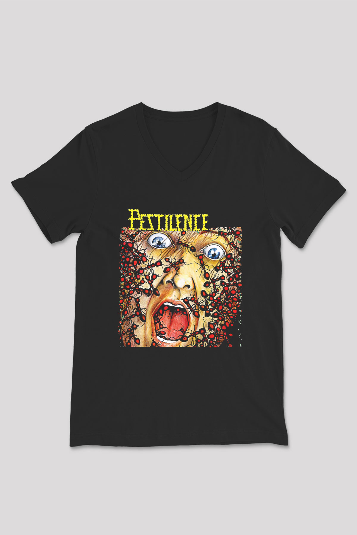 Pestilence Baskılı Unisex Siyah V Yaka Tişört - Tshirt