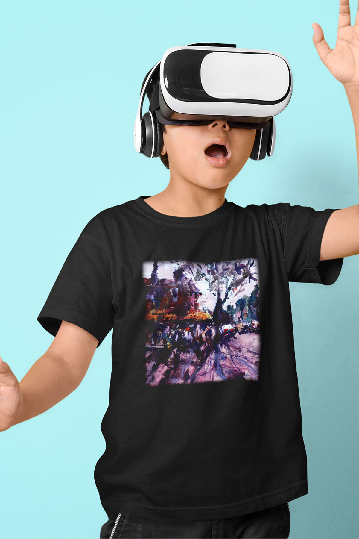Peyzaj Baskılı Siyah Unisex Çocuk Tişört