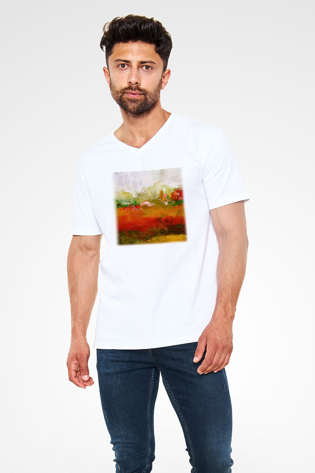 Peyzaj Beyaz Unisex V Yaka Tişört T-Shirt