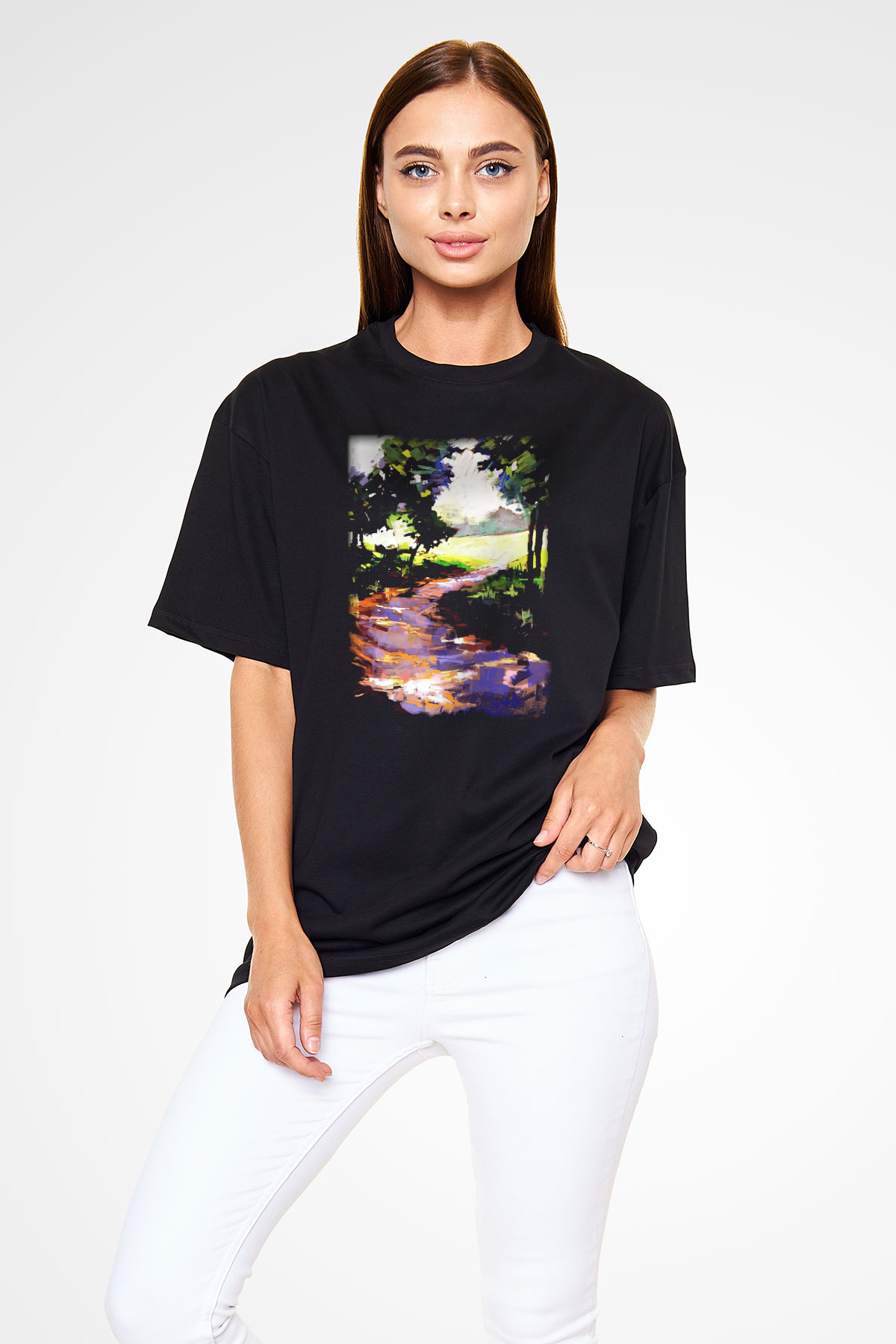 Peyzaj Siyah Unisex Oversize Tişört T-Shirt