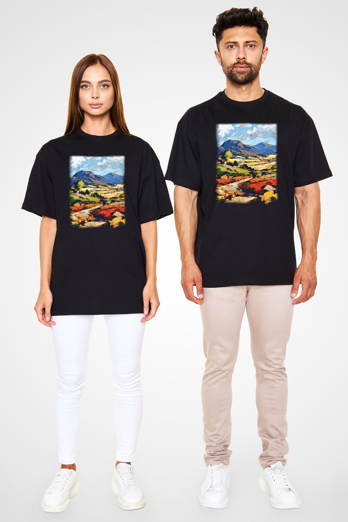 Peyzaj Siyah Unisex Oversize Tişört T-Shirt