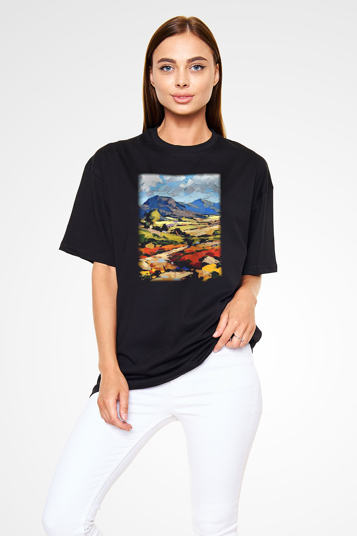 Peyzaj Siyah Unisex Oversize Tişört T-Shirt