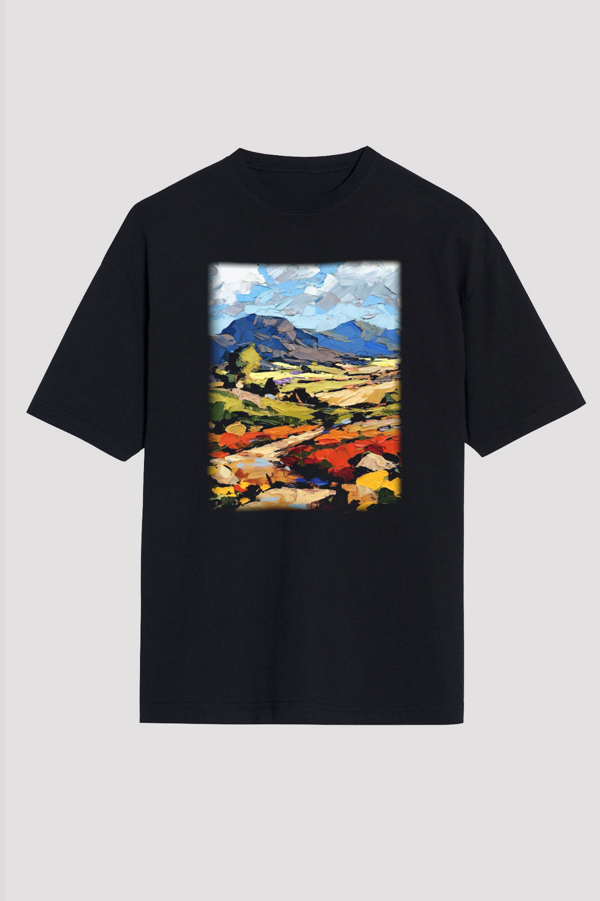 Peyzaj Siyah Unisex Oversize Tişört T-Shirt