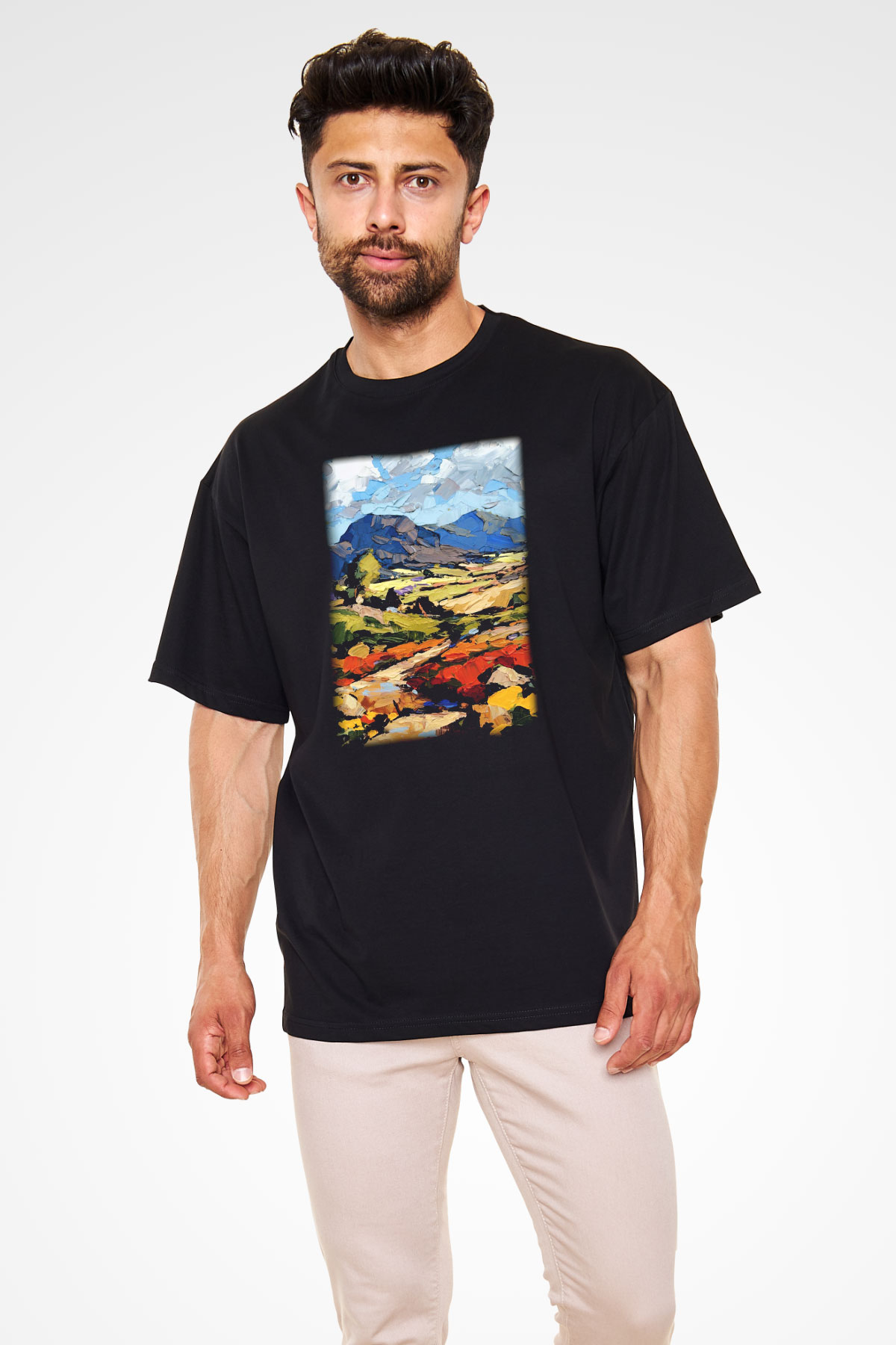 Peyzaj Siyah Unisex Oversize Tişört T-Shirt