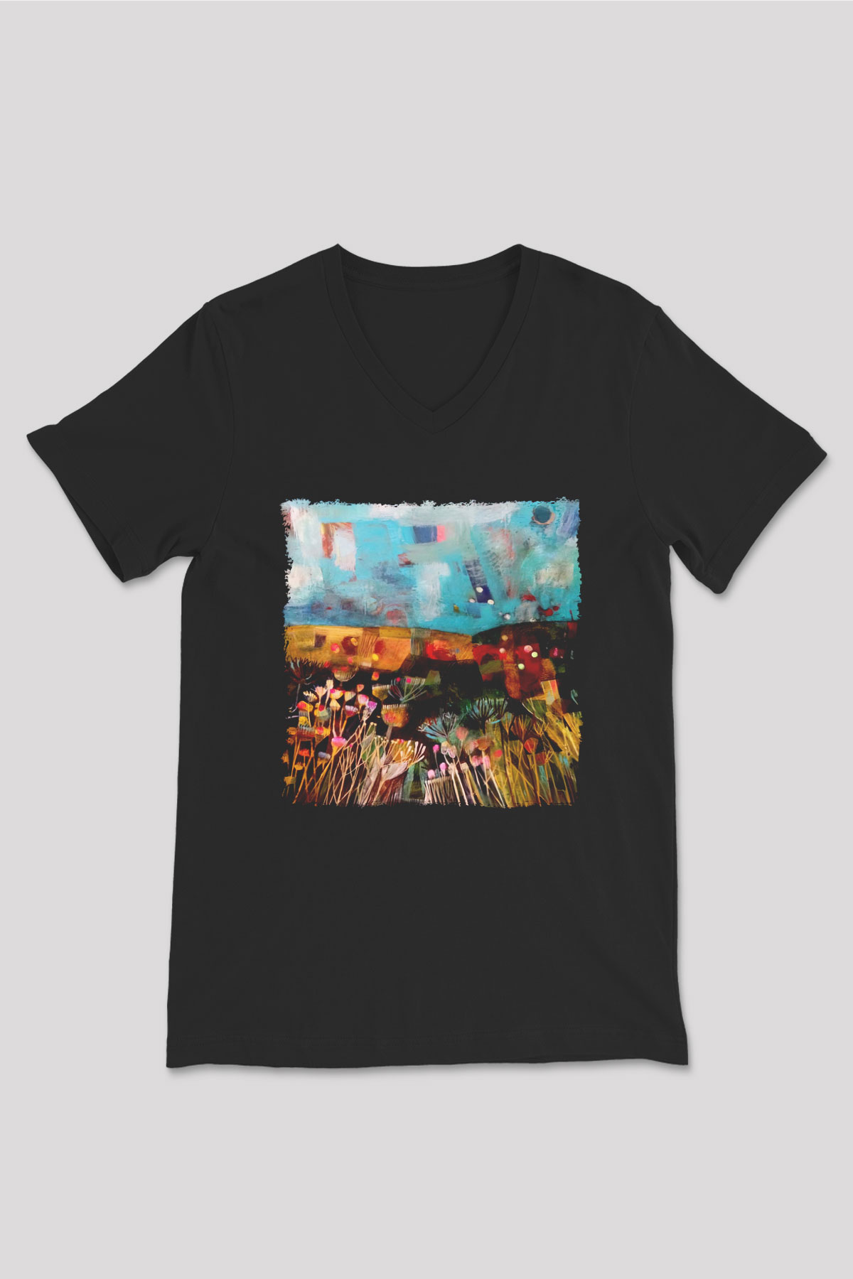 Peyzaj Siyah Unisex V Yaka Tişört