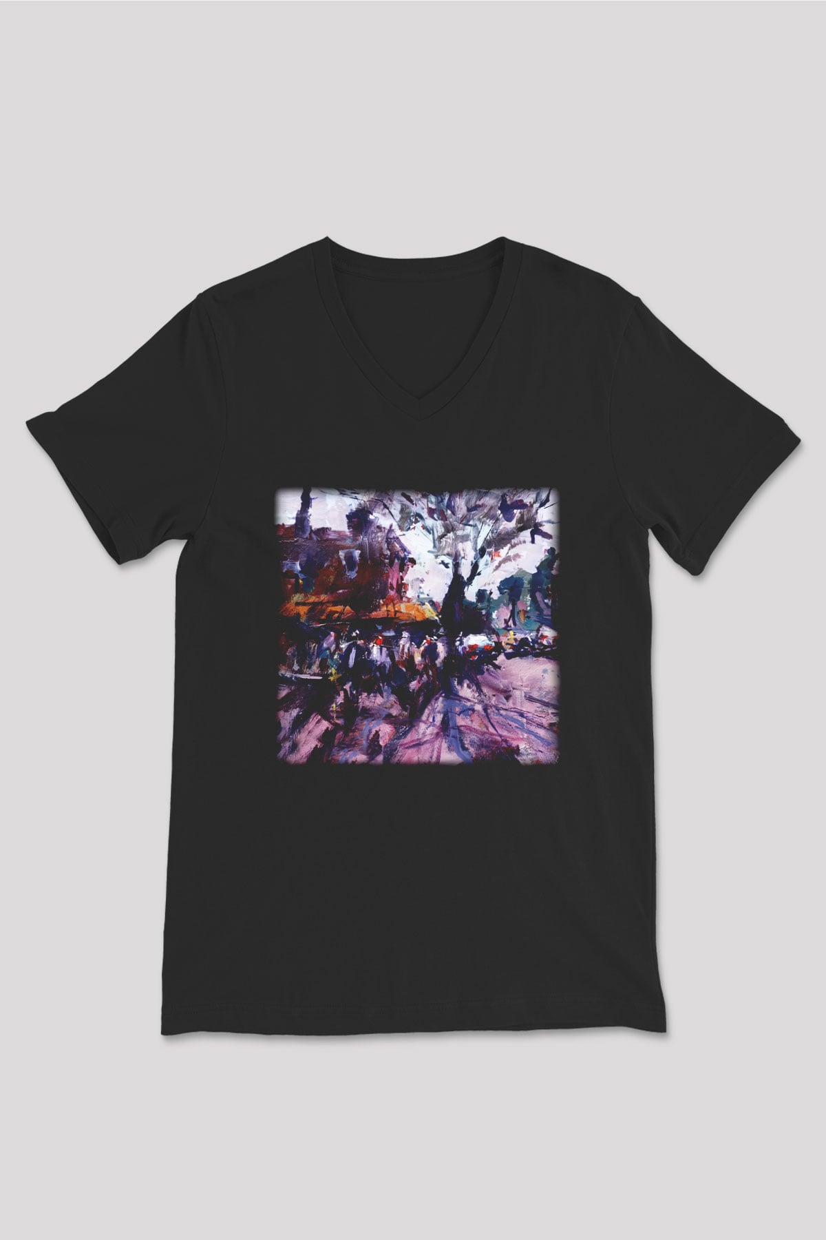Peyzaj Siyah Unisex V Yaka Tişört T-Shirt