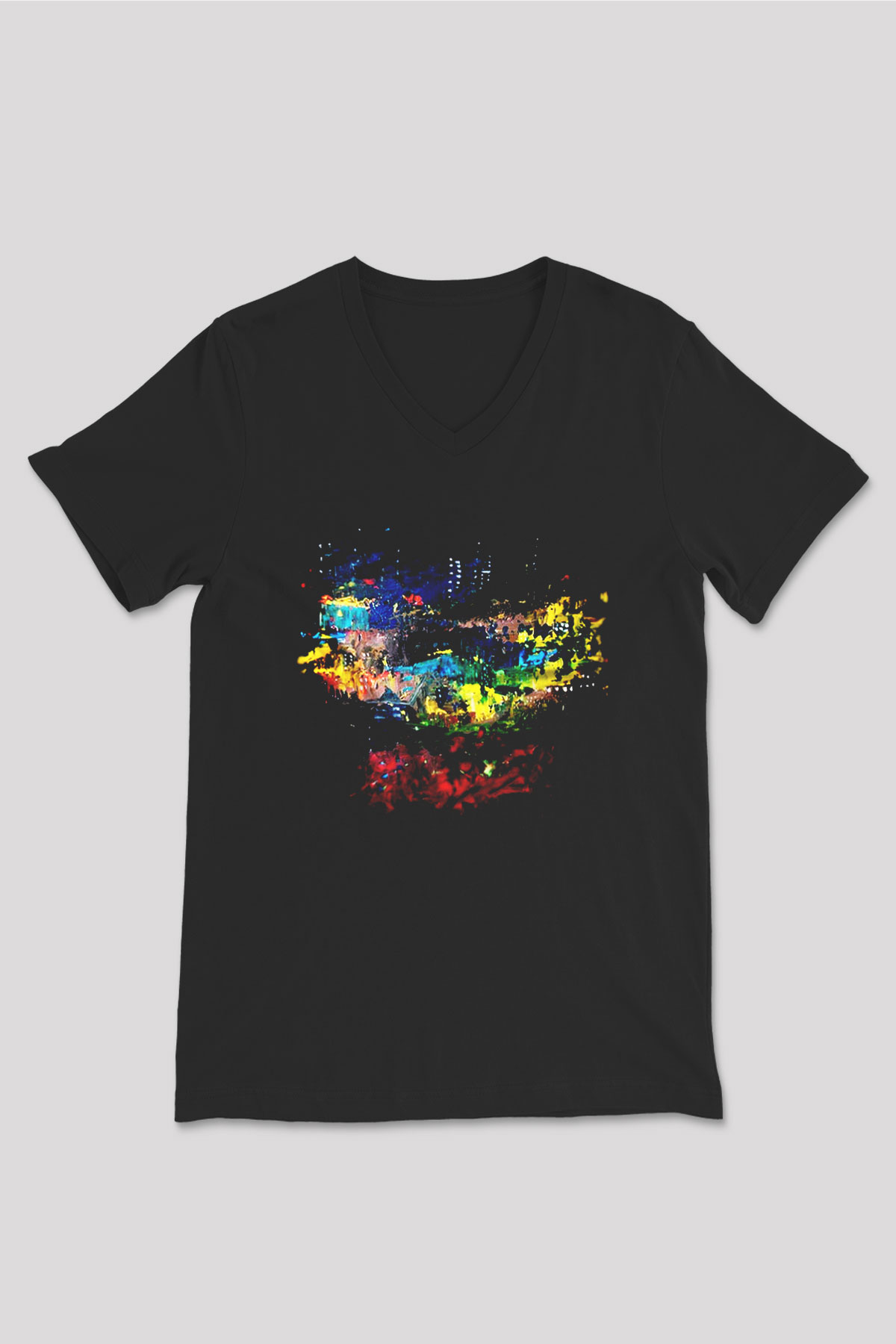 Peyzaj Siyah Unisex V Yaka Tişört T-Shirt