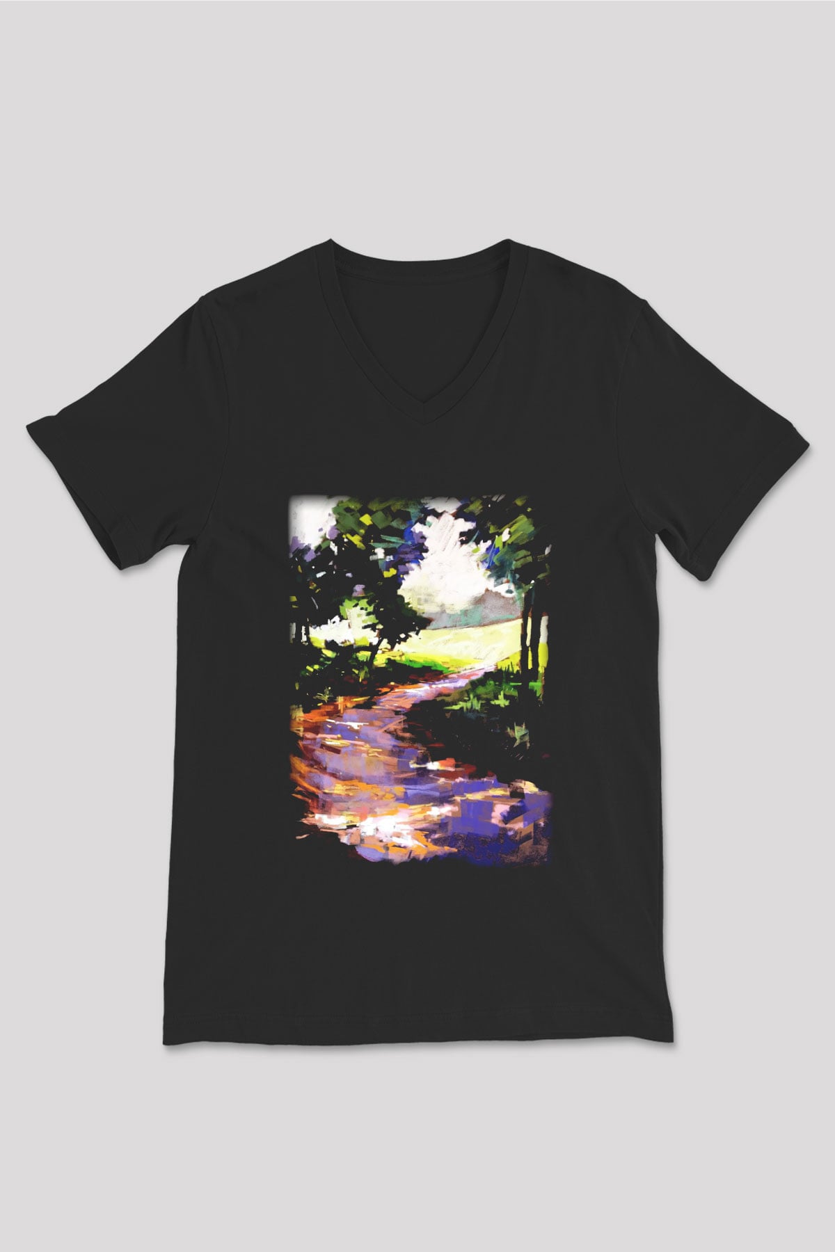 Peyzaj Siyah Unisex V Yaka Tişört T-Shirt