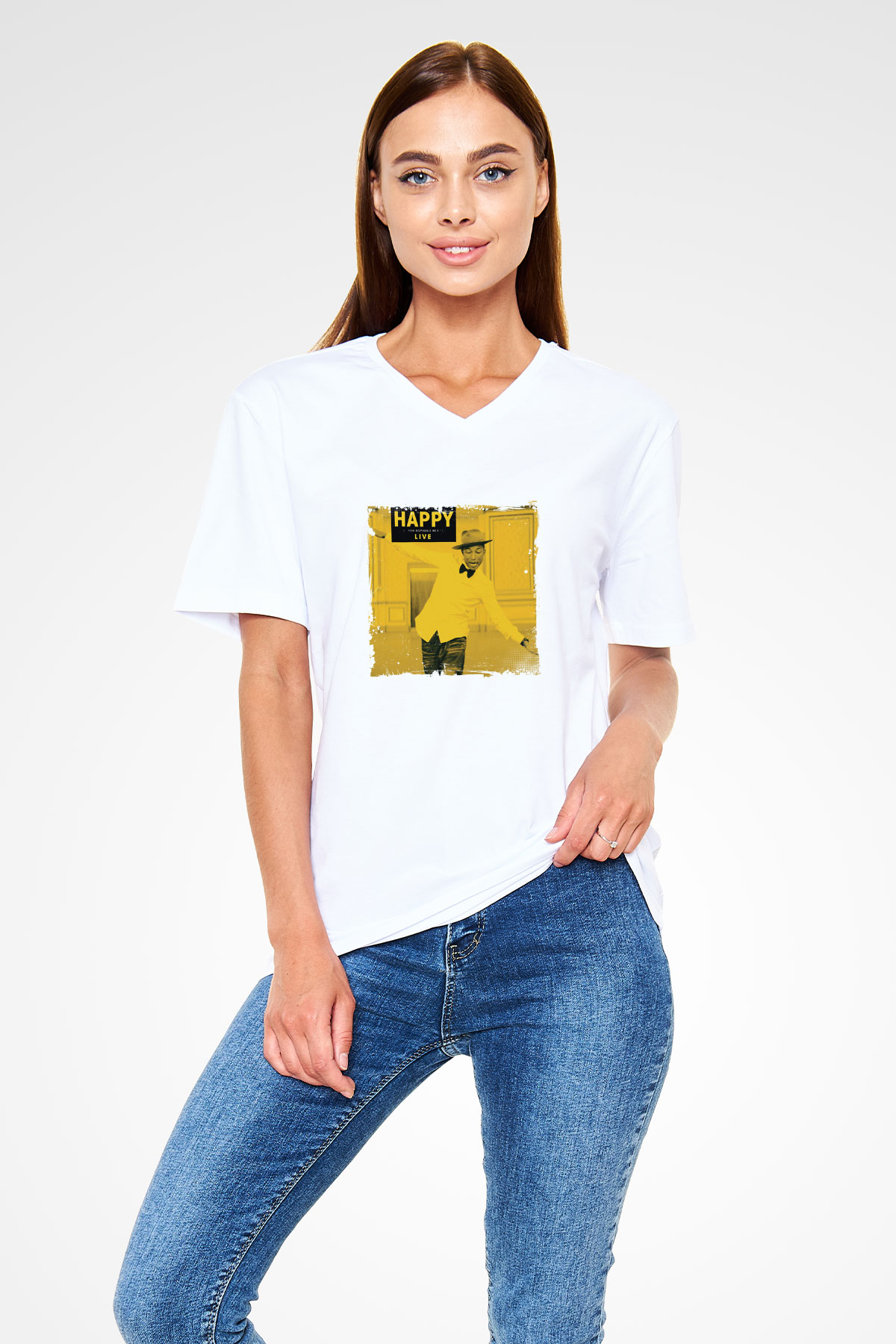 Pharrell Williams Baskılı Beyaz V Yaka Unisex Tişört