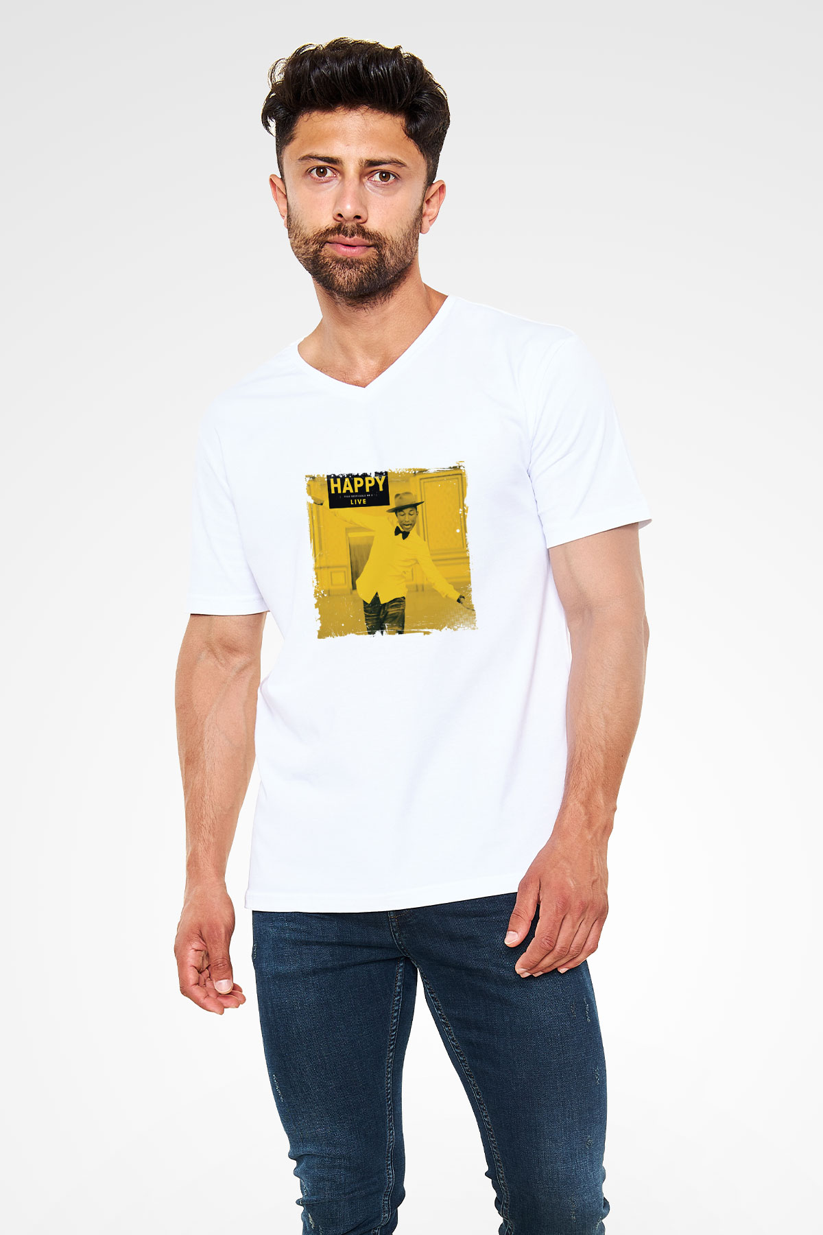 Pharrell Williams Baskılı Beyaz V Yaka Unisex Tişört