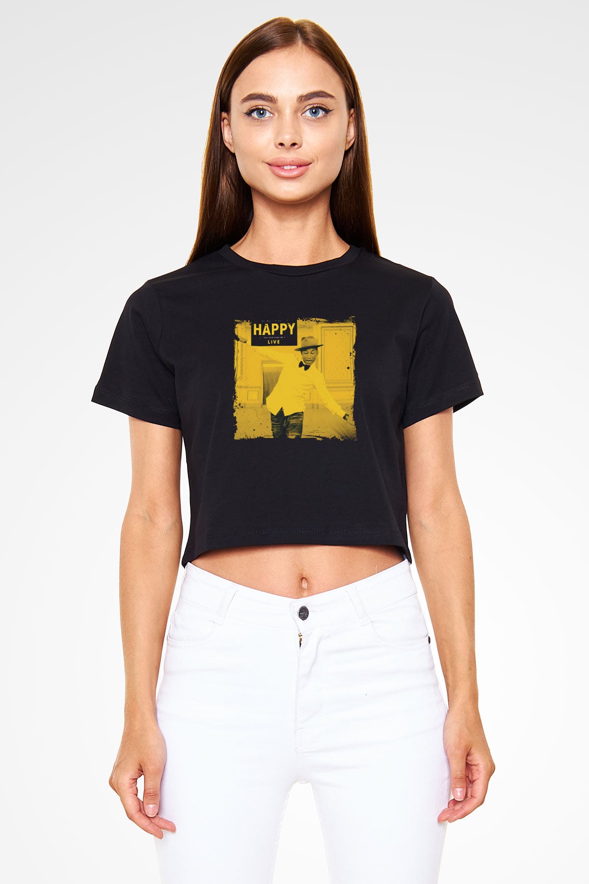 Pharrell Williams Baskılı Crop Top Siyah Kadın Tişört