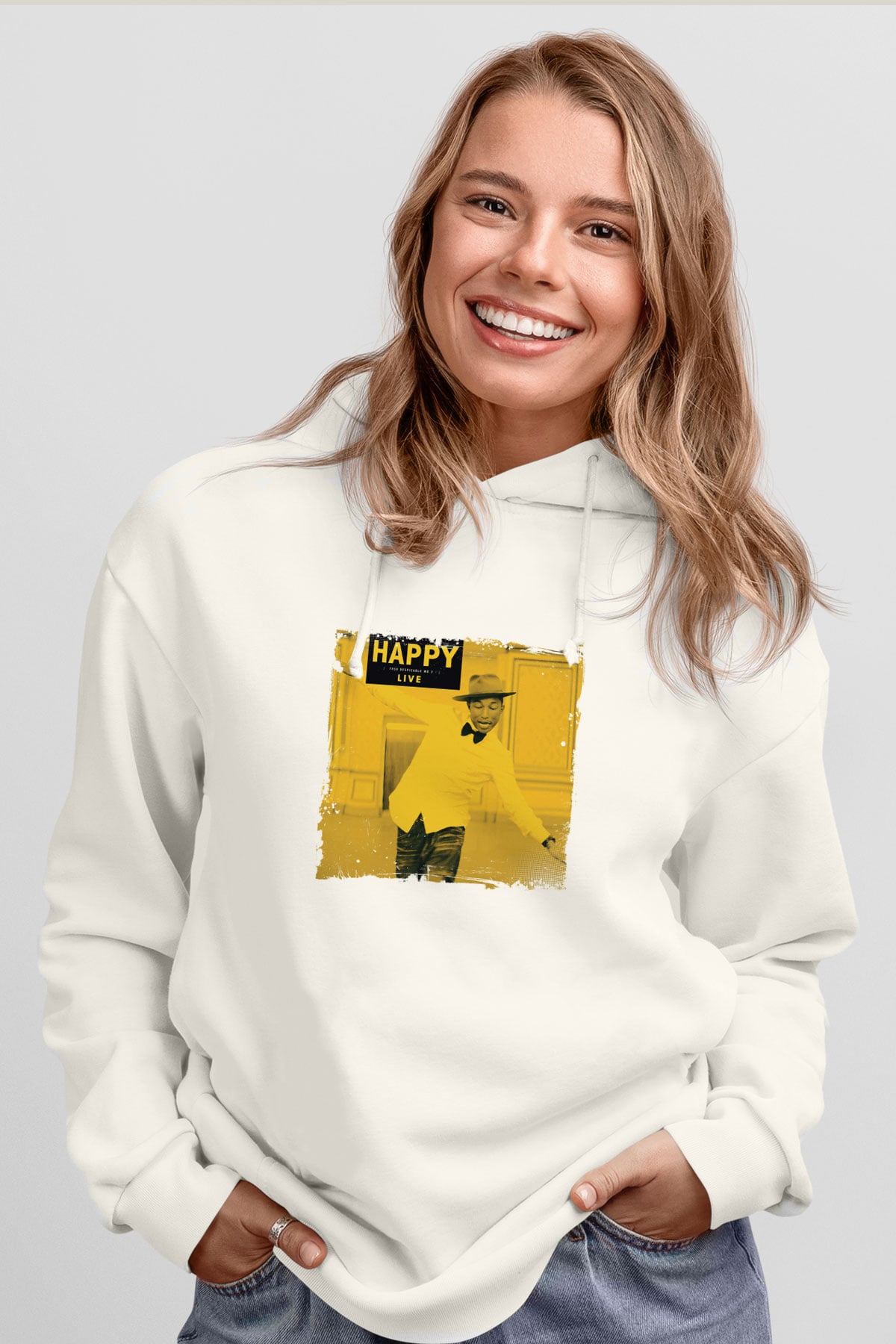 Pharrell Williams Baskılı Unisex Beyaz Kapüşonlu Sweatshirt