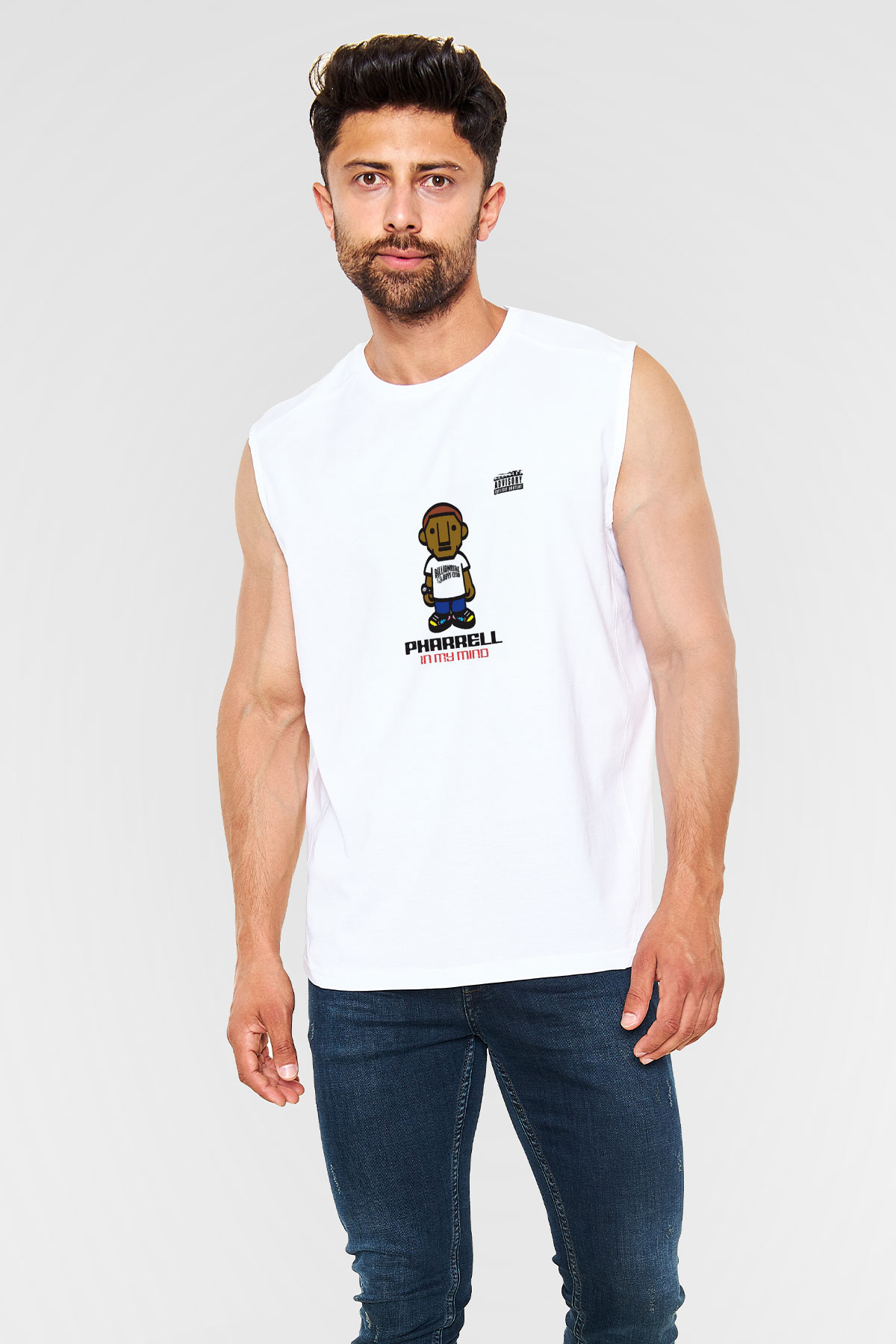 Pharrell Williams Baskılı Unisex Beyaz Kolsuz Tişört