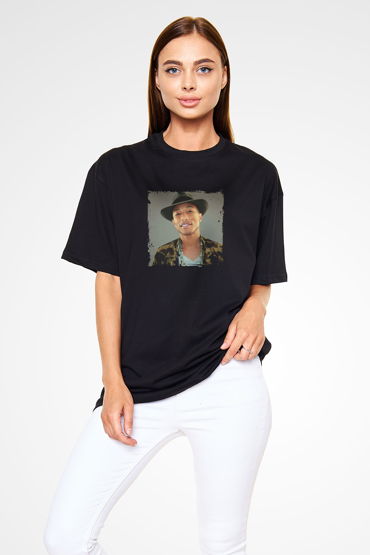 Pharrell Williams Baskılı Unisex Oversize Siyah Tişört