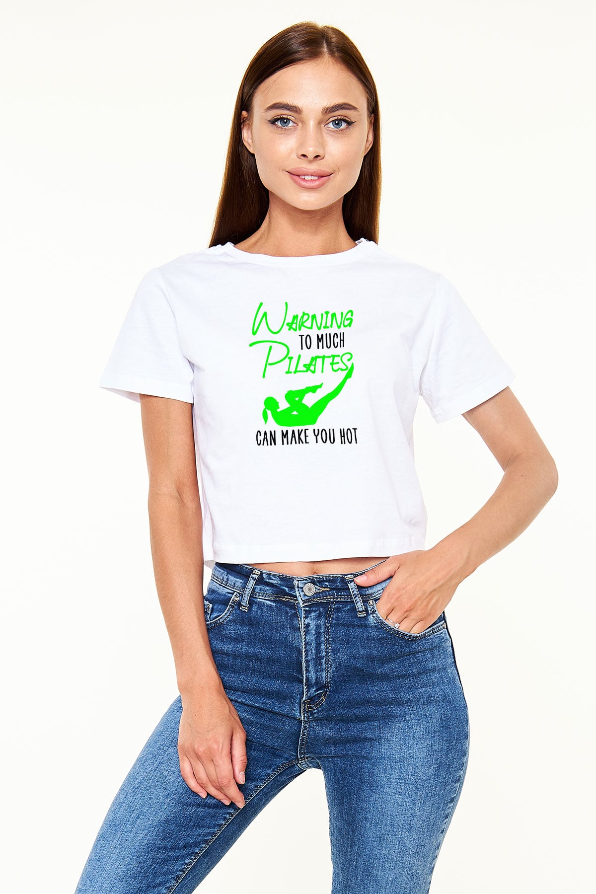 Pilates Baskılı Crop Top Beyaz Tişört - T-shirt
