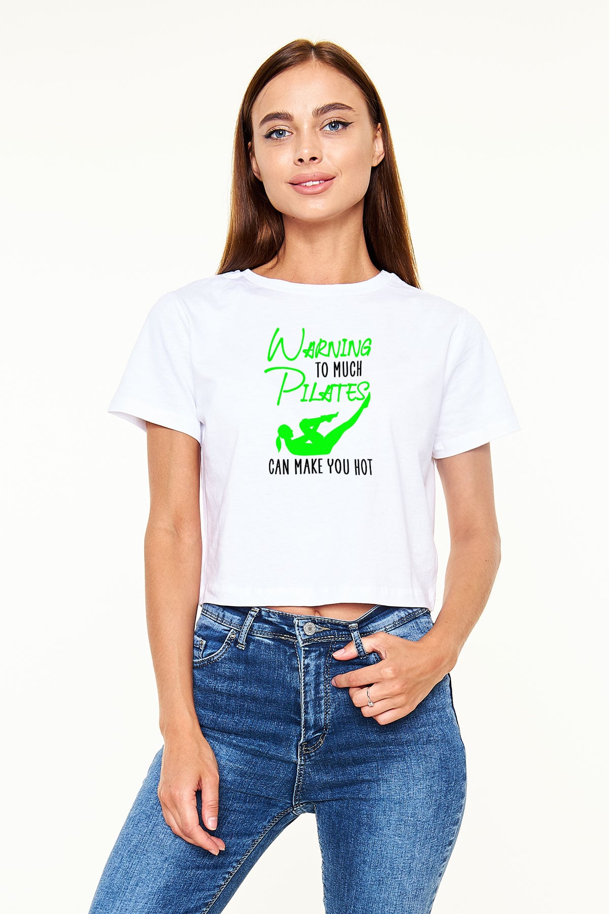 Pilates Baskılı Crop Top Beyaz Tişört - T-shirt