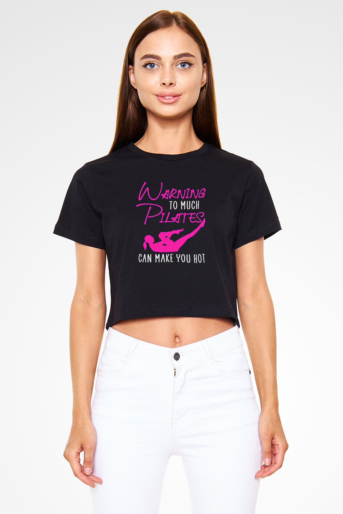 Pilates Baskılı Crop Top Siyah Kadın Tişört - Tshirt