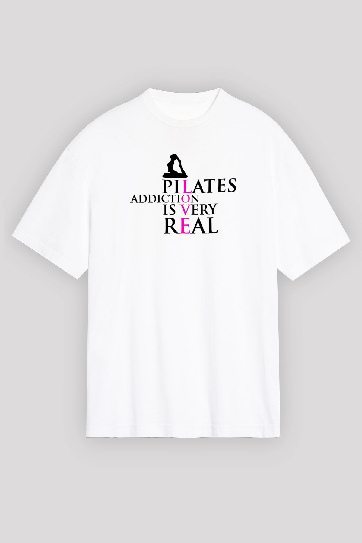 Pilates Baskılı Unisex Beyaz Oversize Tişört - Tshirt