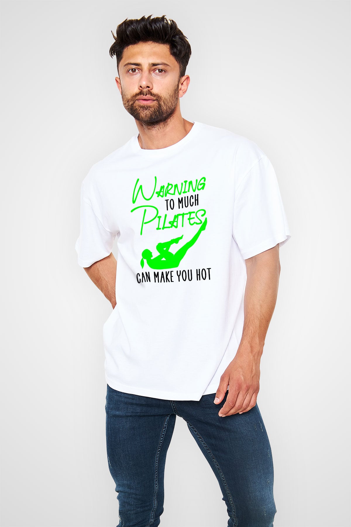 Pilates Baskılı Unisex Beyaz Oversize Tişört - Tshirt