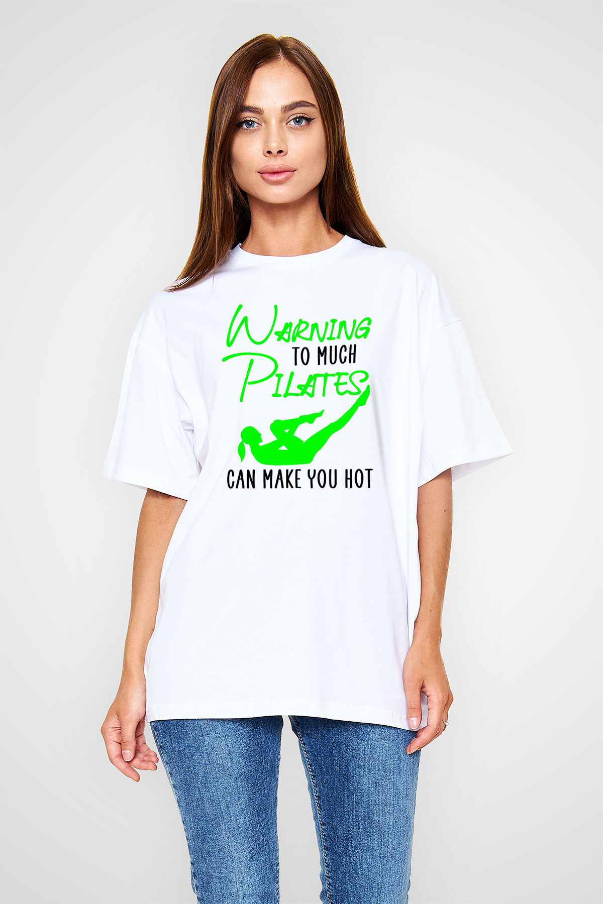 Pilates Baskılı Unisex Beyaz Oversize Tişört - Tshirt