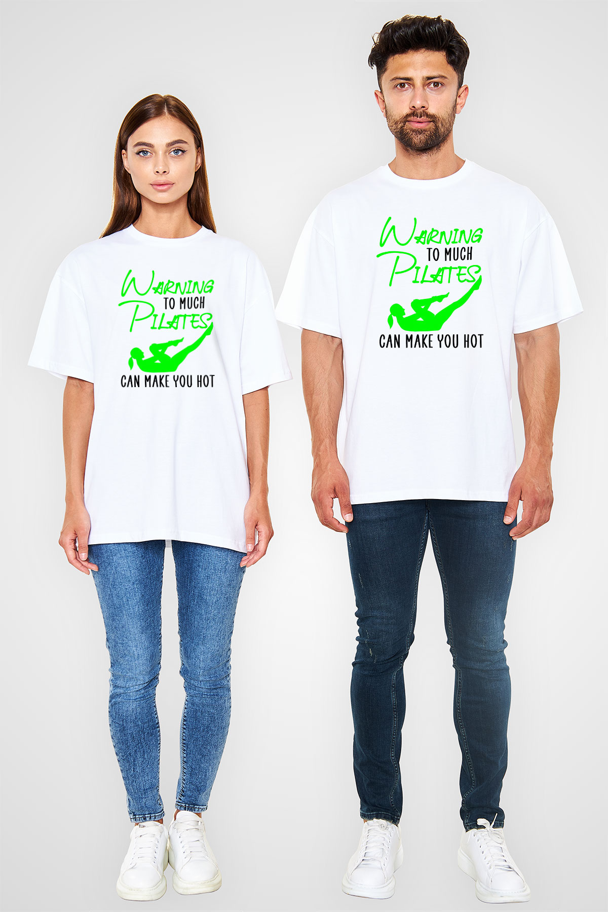 Pilates Baskılı Unisex Beyaz Oversize Tişört - Tshirt