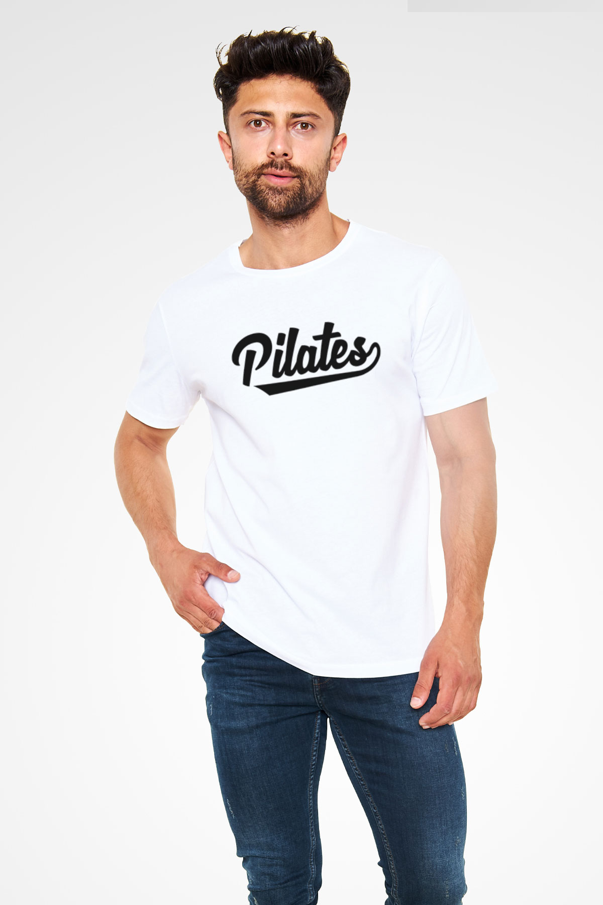 Pilates Baskılı Unisex Beyaz Tişört - Tshirt