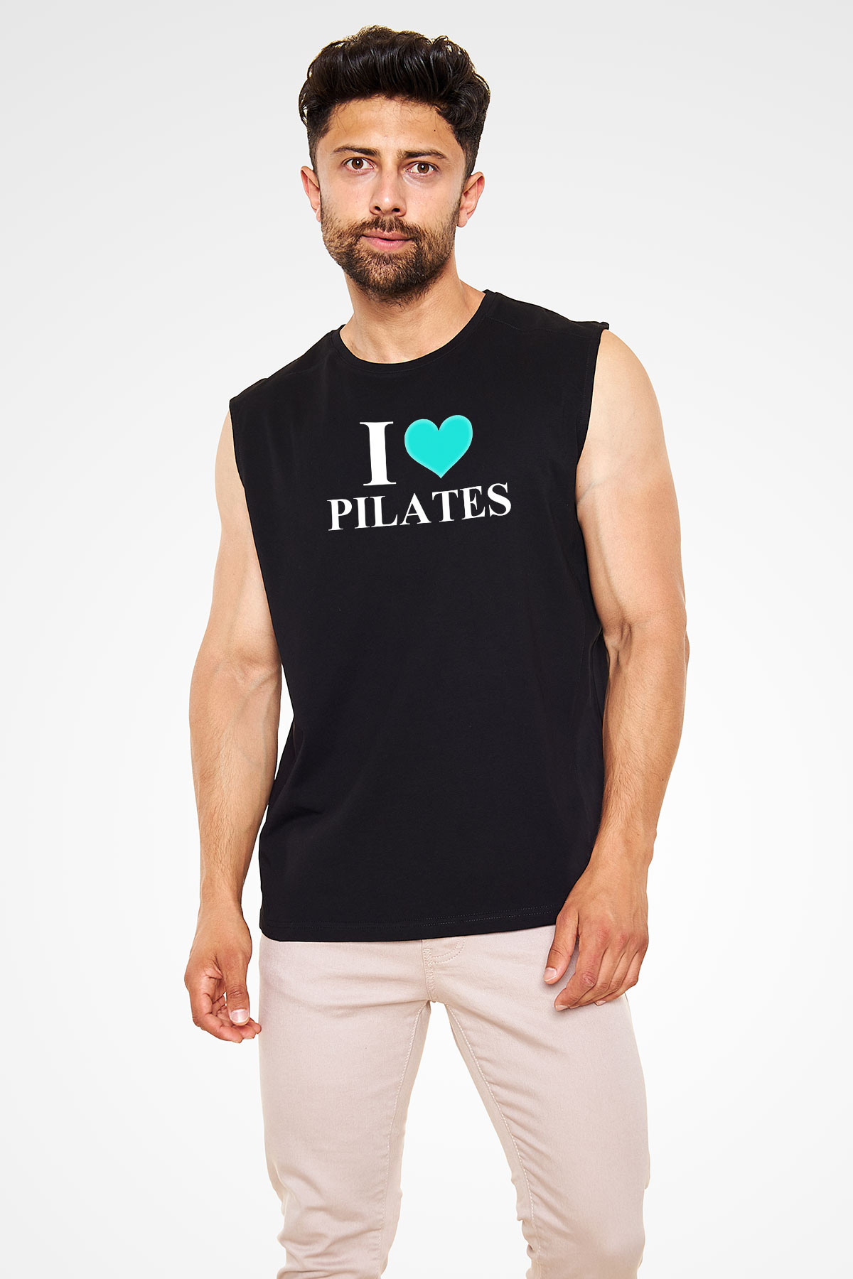 Pilates Baskılı Unisex Siyah Kolsuz Tişört