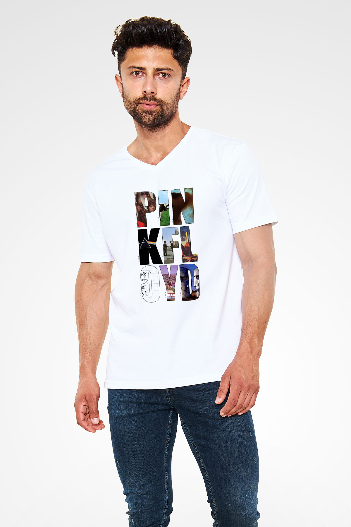 Pink Floyd Beyaz Unisex V Yaka Tişört T-Shirt