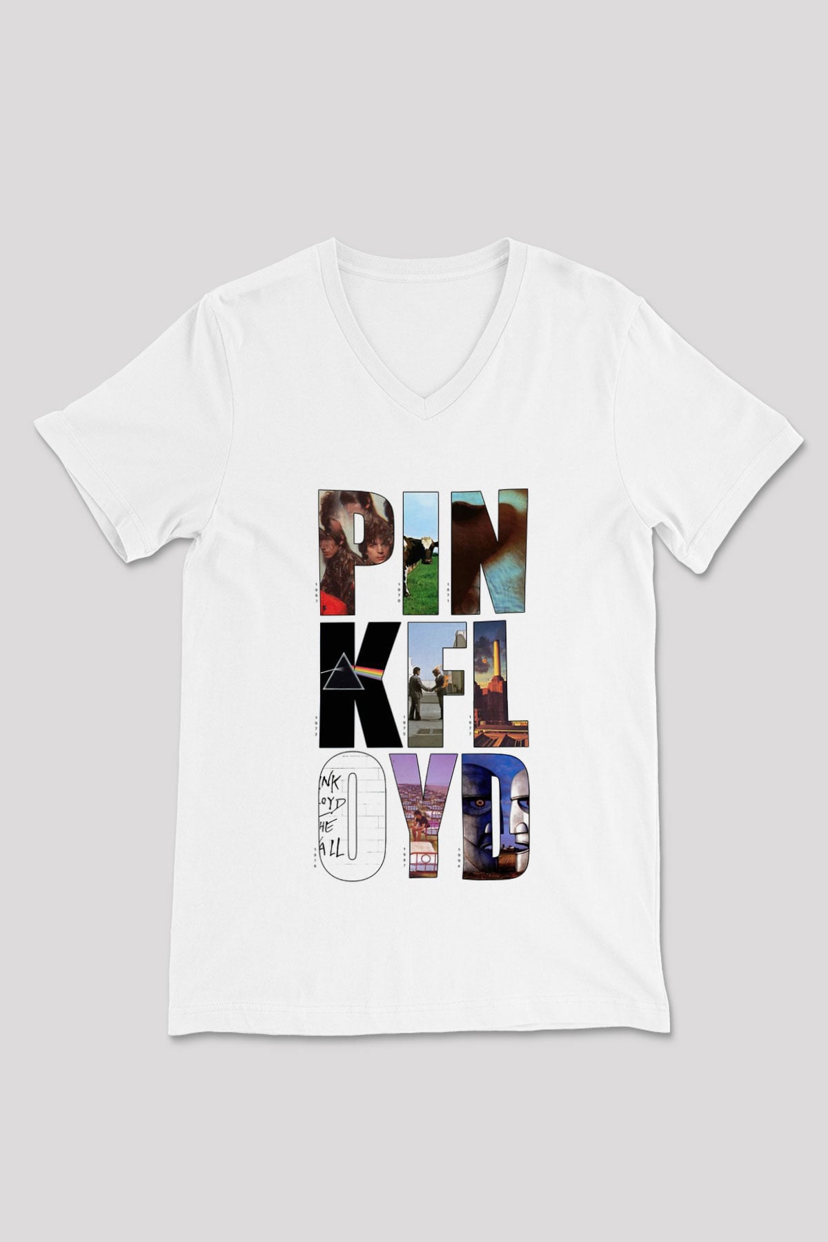 Pink Floyd Beyaz Unisex V Yaka Tişört T-Shirt