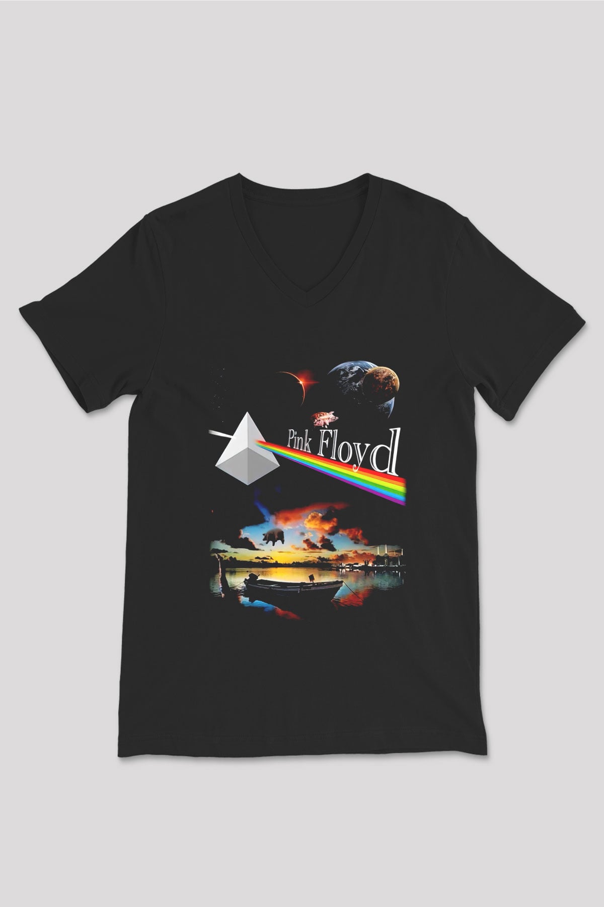 Pink Floyd Siyah Unisex V Yaka Tişört T-Shirt