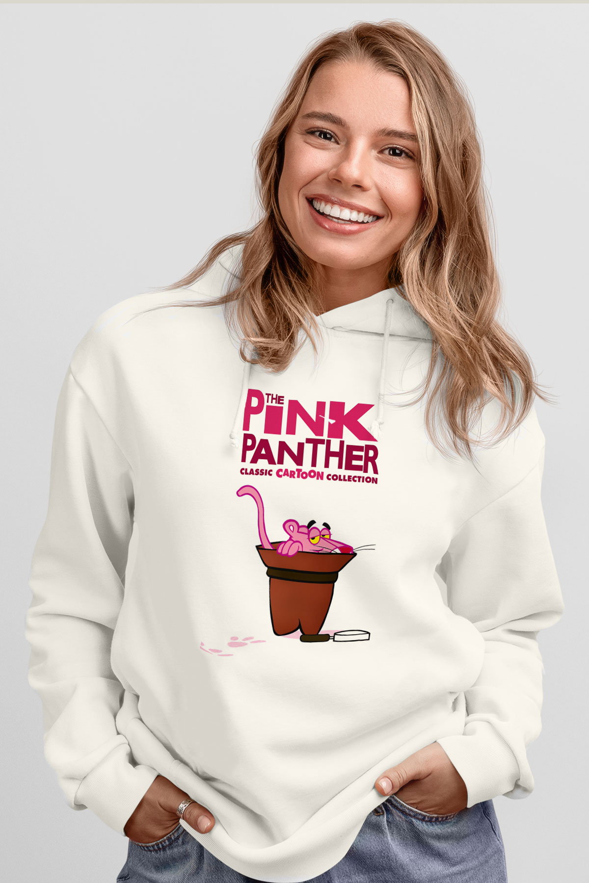 Pink Panther Beyaz Unisex Kapşonlu Sweatshirt