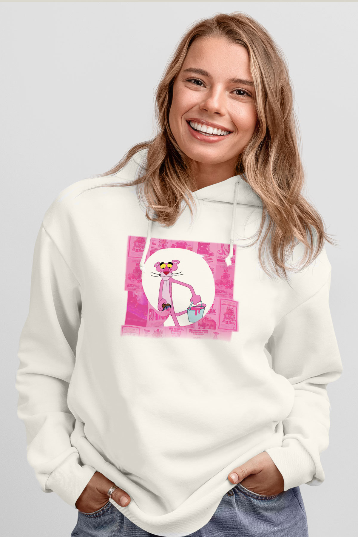 Pink Panther Beyaz Unisex Kapşonlu Sweatshirt