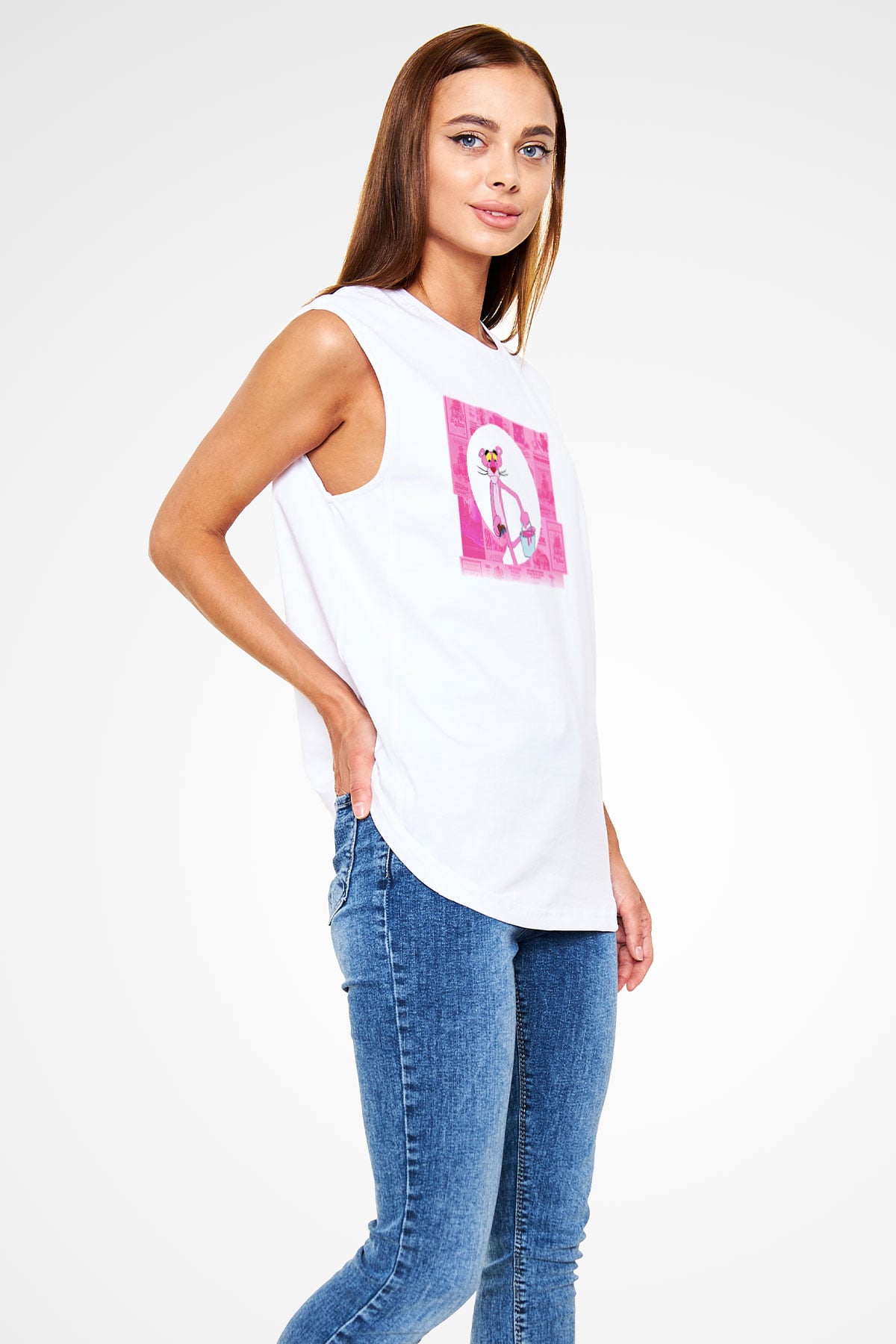 Pink Panther Beyaz Unisex Kolsuz Tişört