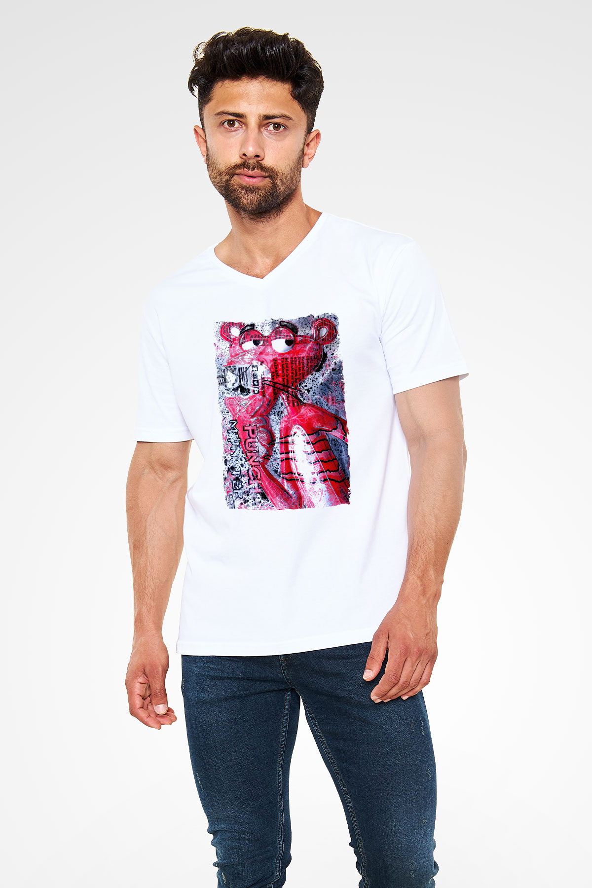 Pink Panther Beyaz Unisex  V Yaka Tişört