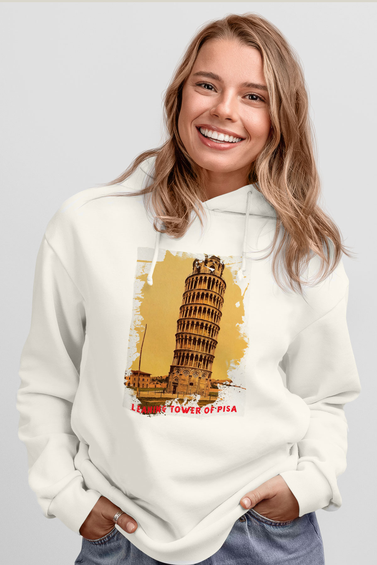 Pisa Kulesi Beyaz Unisex Hoodie
