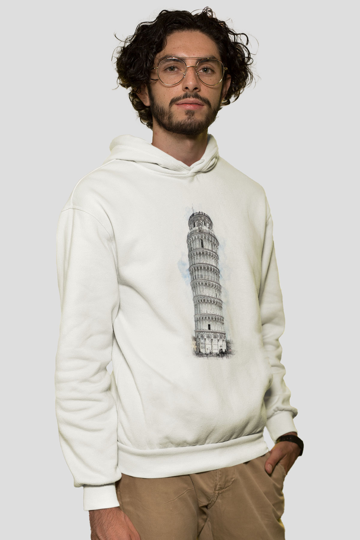 Pisa Kulesi Beyaz Unisex Hoodie