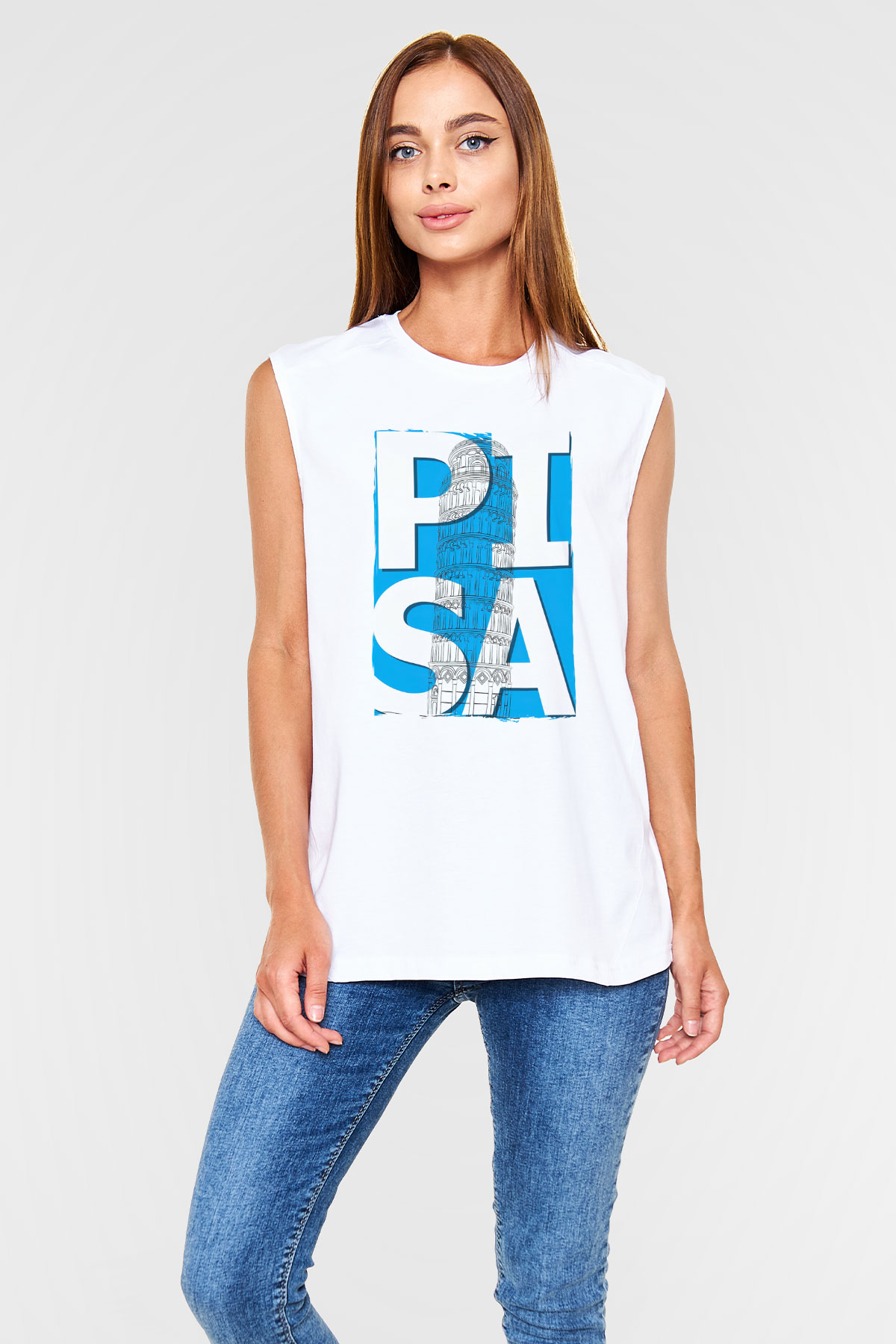 Pisa Kulesi Beyaz Unisex Kolsuz Tişört