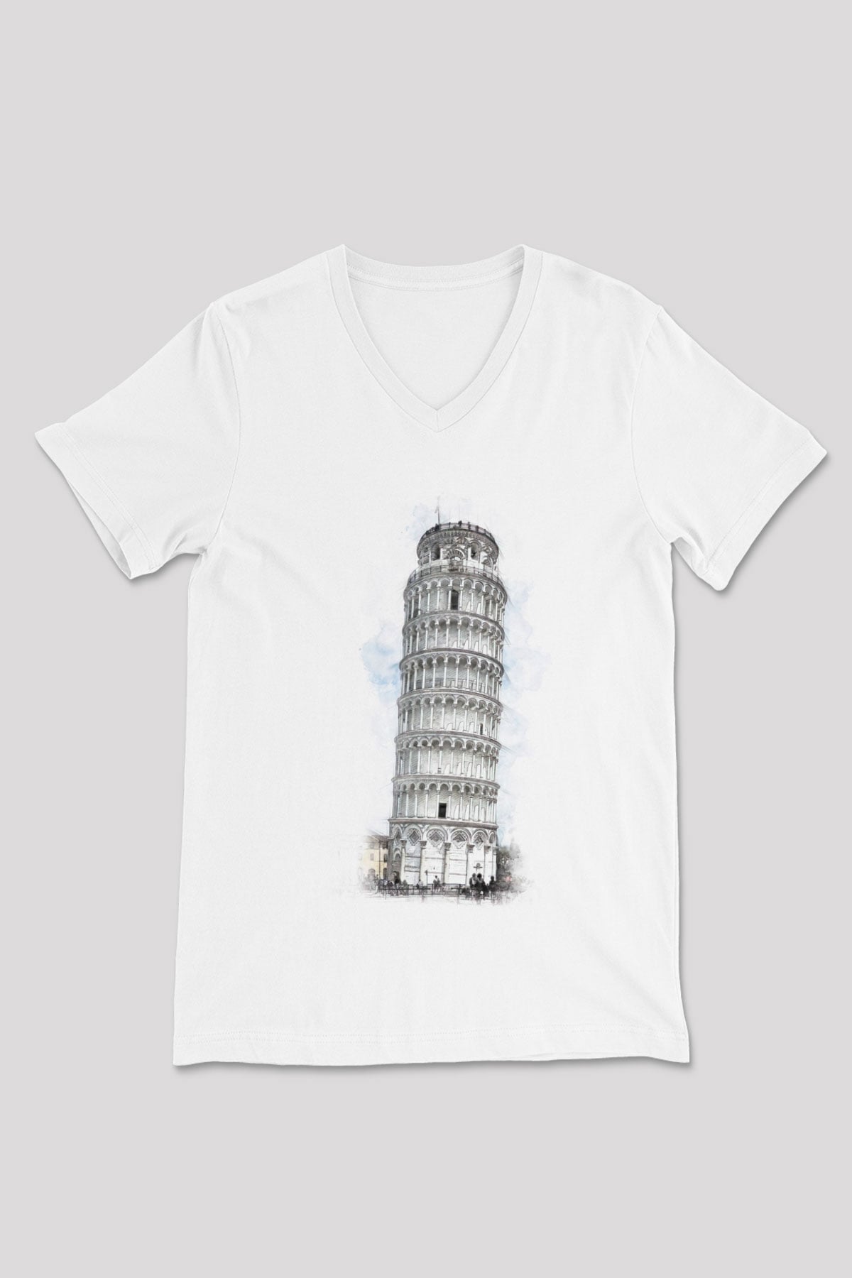 Pisa Kulesi Beyaz Unisex V Yaka Tişört