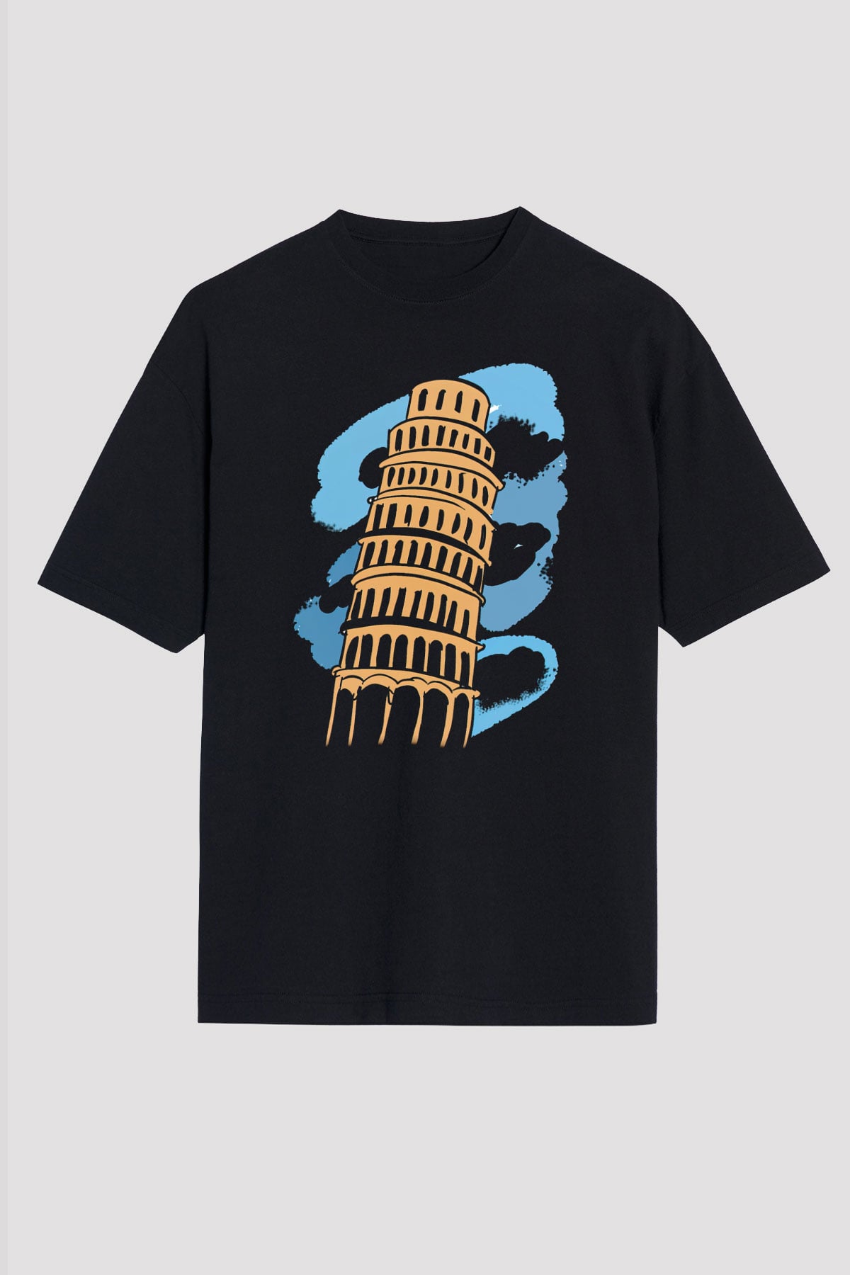 Pisa Kulesi Siyah Unisex Oversize Tişört T-Shirt