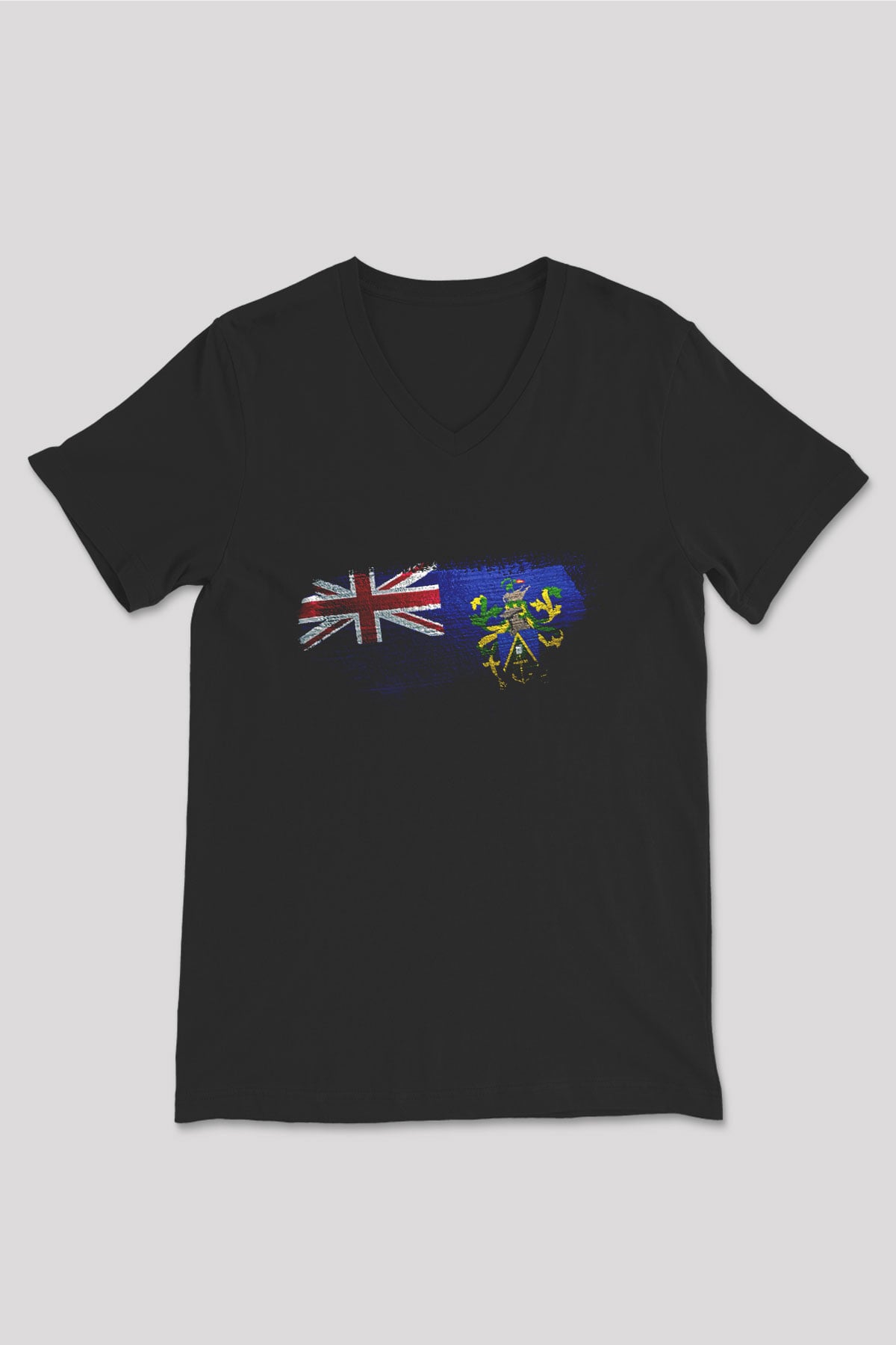 Pitcairn Adaları - Pitcairn İslands Bayrağı Baskılı Unisex Siyah V Yaka Tişört