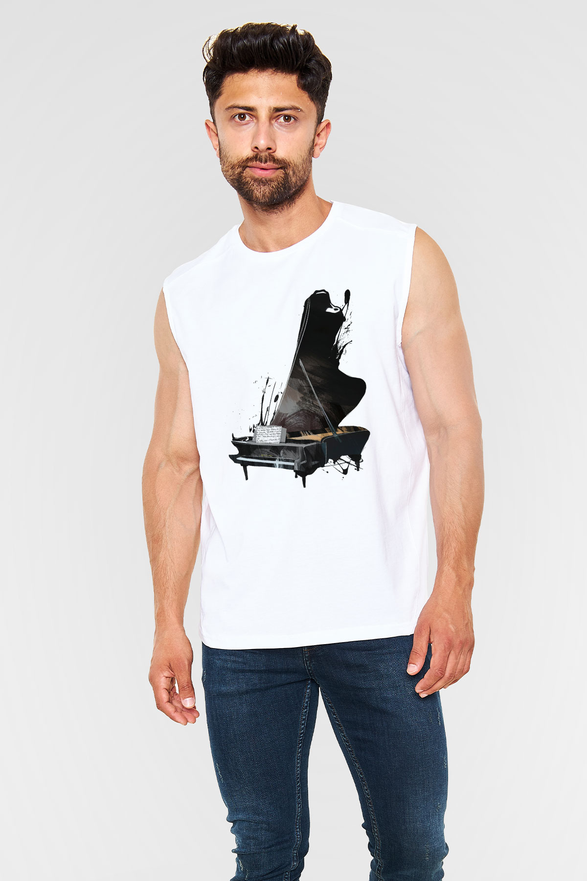 Piyanist Beyaz Unisex Kolsuz Tişört