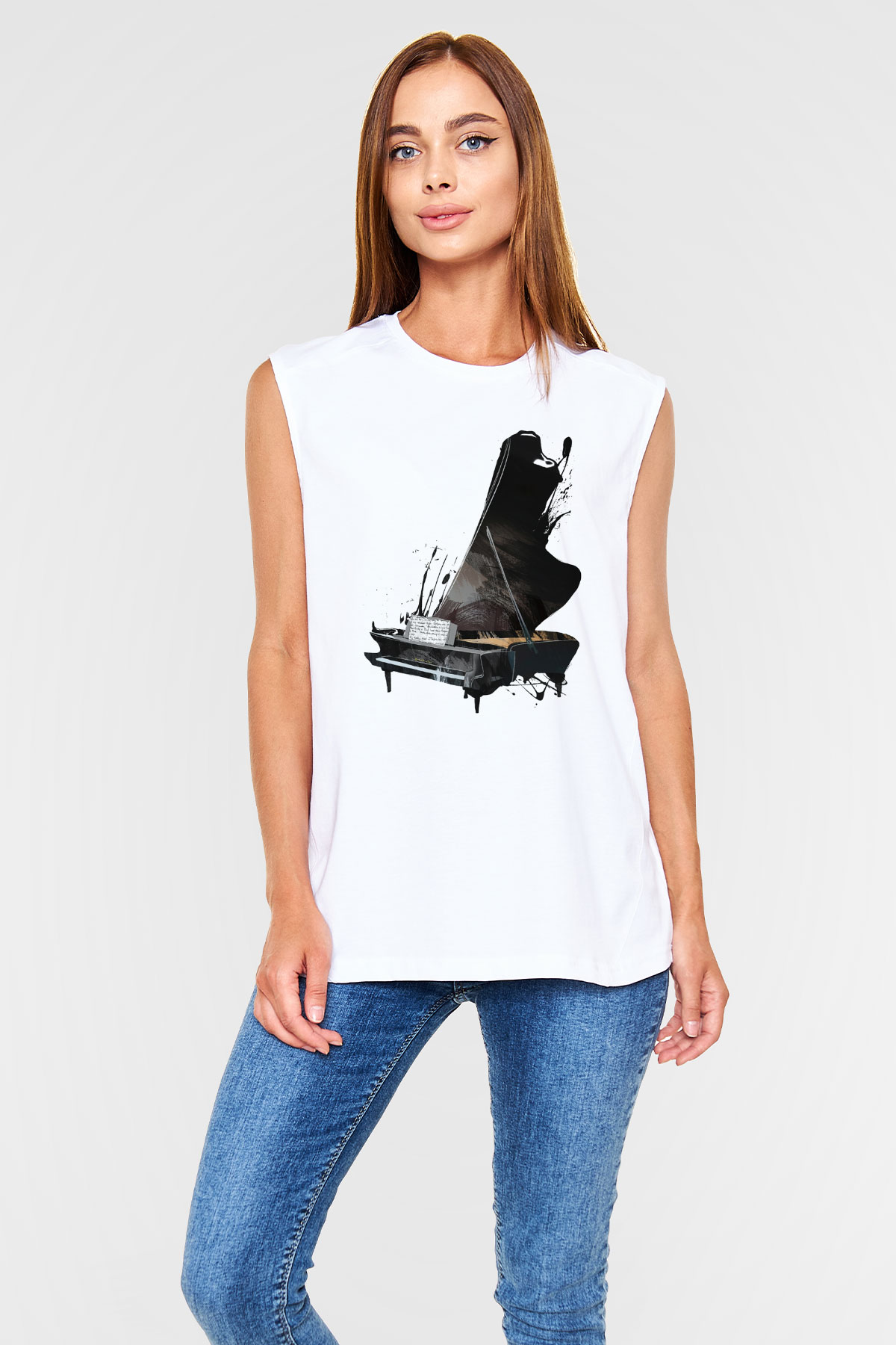 Piyanist Beyaz Unisex Kolsuz Tişört