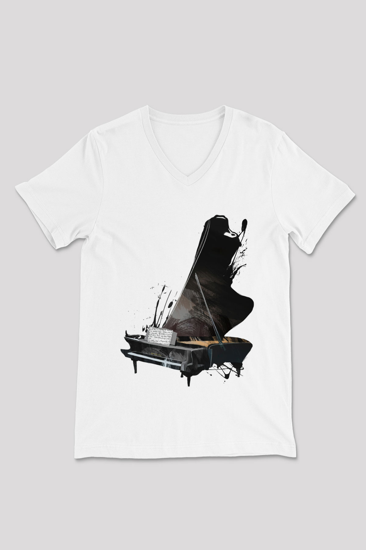 Piyanist Beyaz Unisex V Yaka Tişört T-Shirt