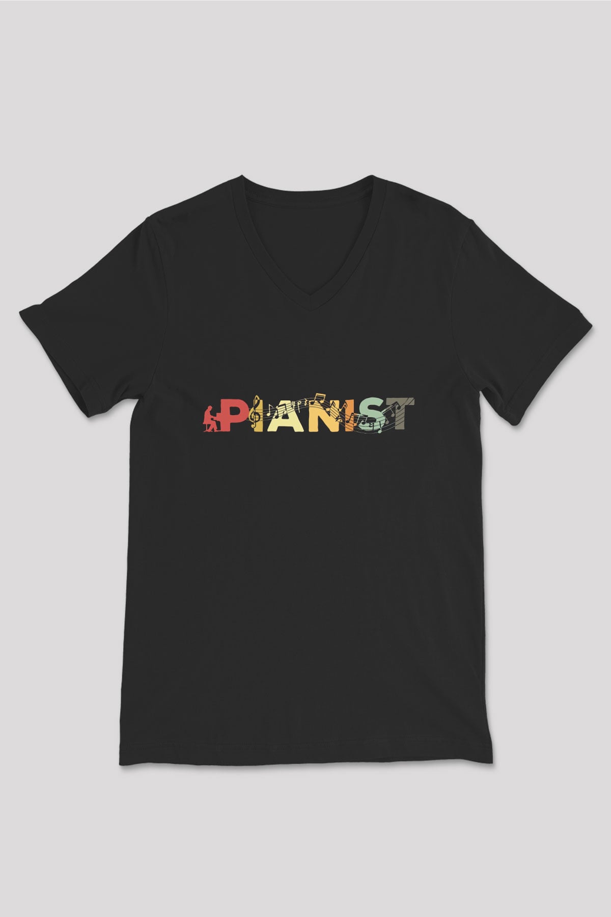 Piyanist Siyah Unisex V Yaka Tişört