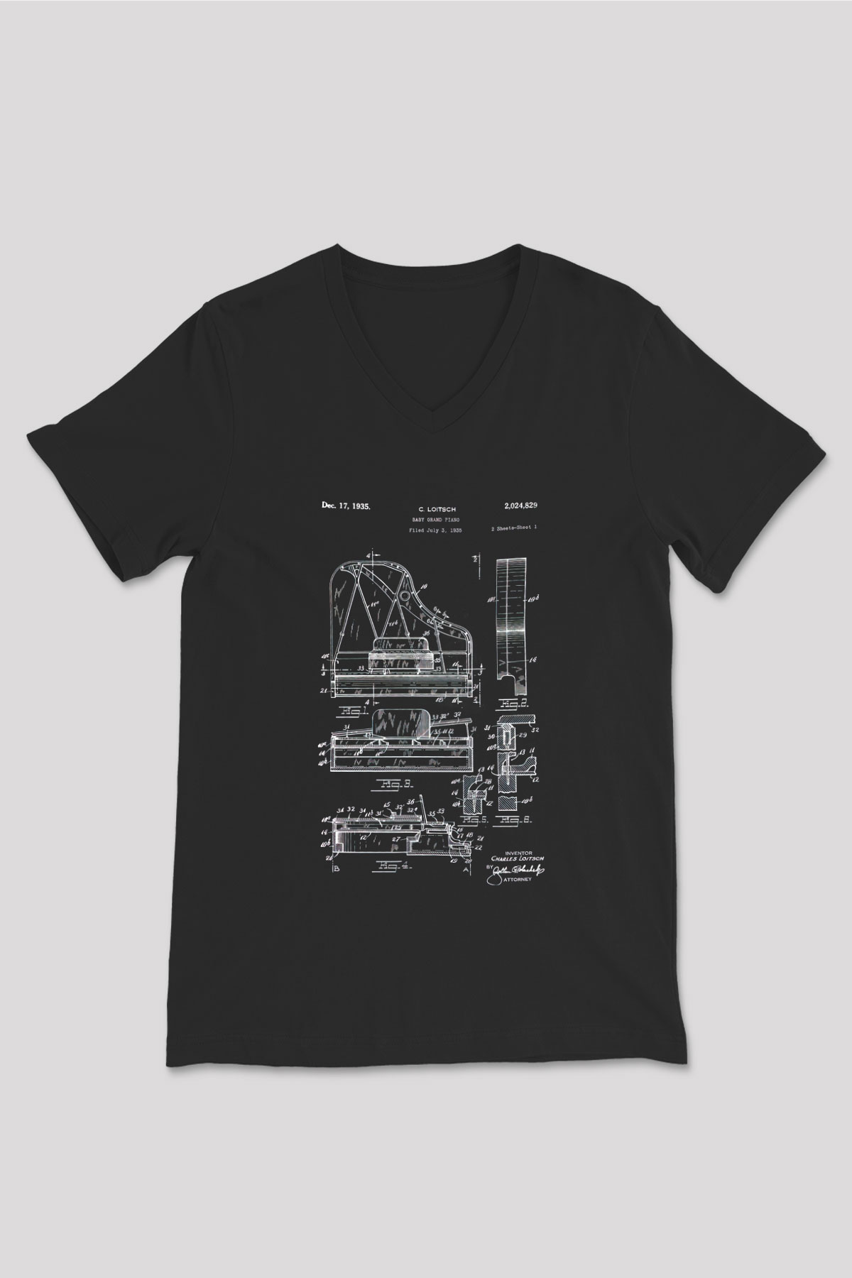Piyanist Siyah Unisex V Yaka Tişört