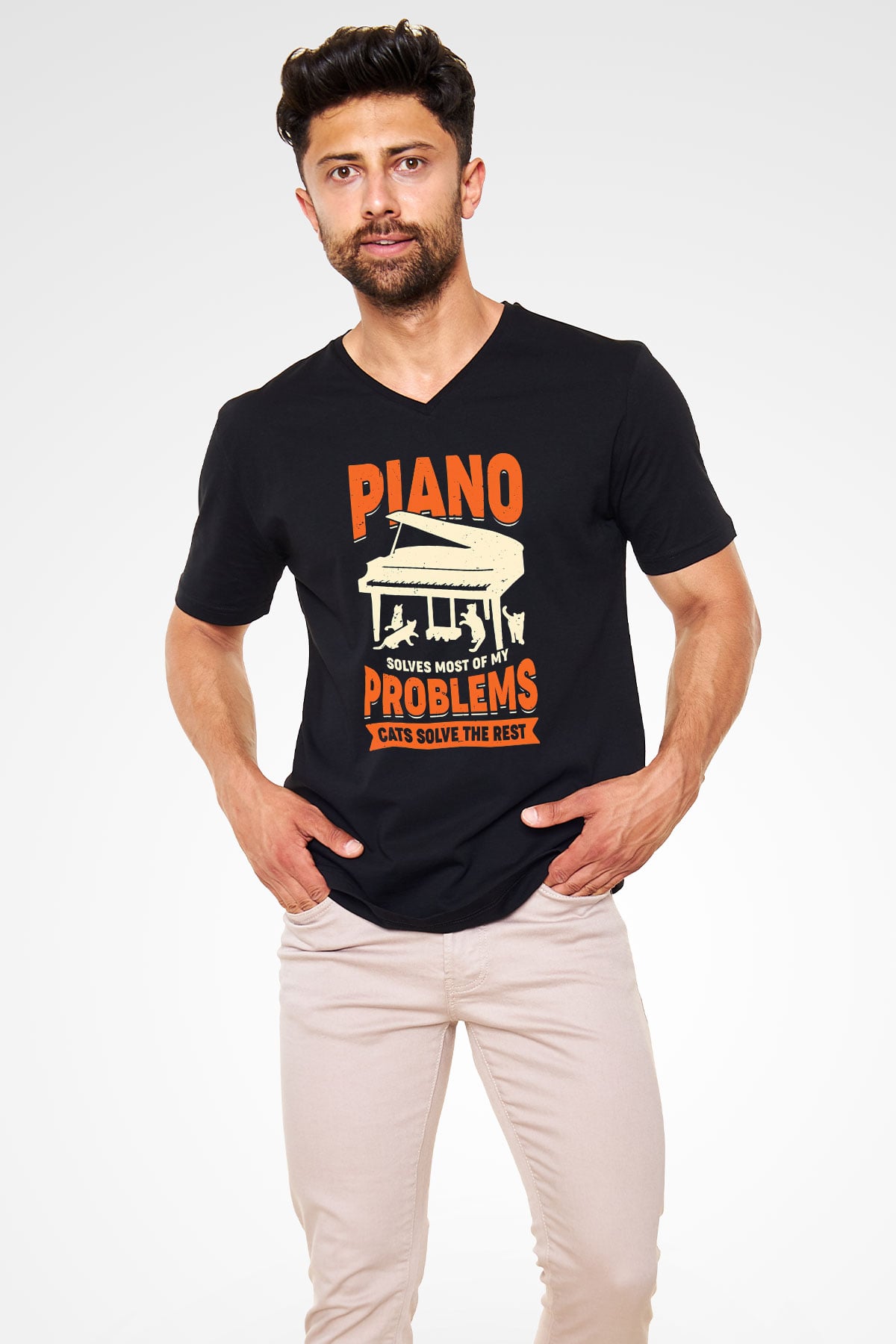 Piyanist Siyah Unisex V Yaka Tişört