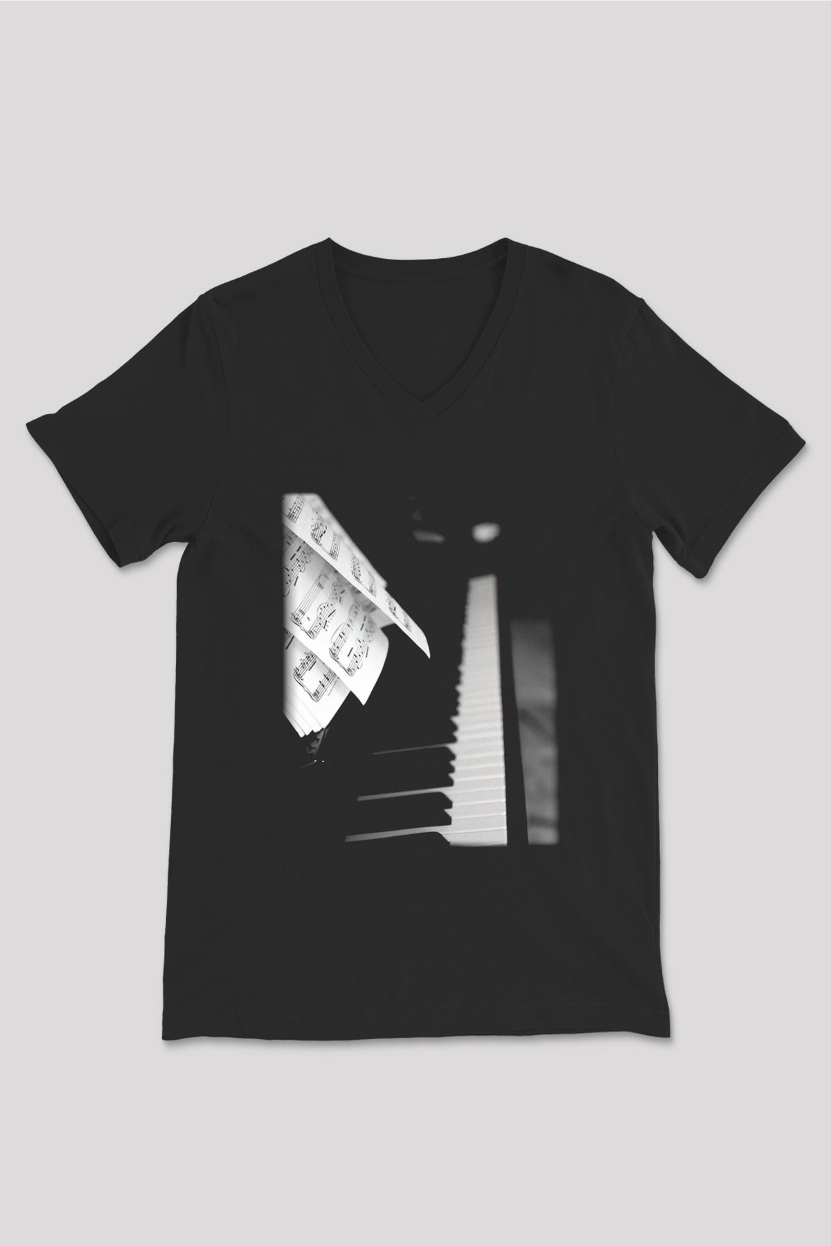 Piyanist Siyah Unisex V Yaka Tişört T-Shirt