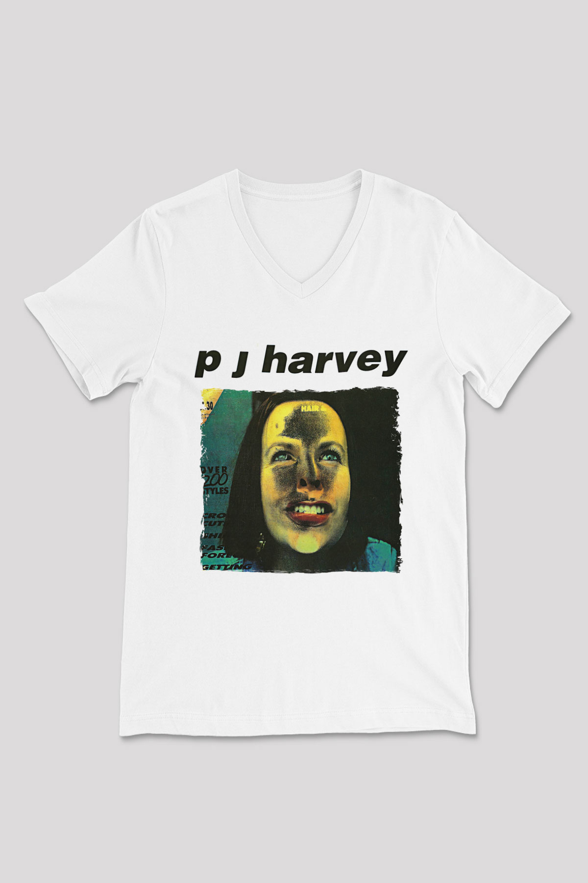 Pj Harvey Baskılı Beyaz Unisex V Yaka Tişört - Tshirt